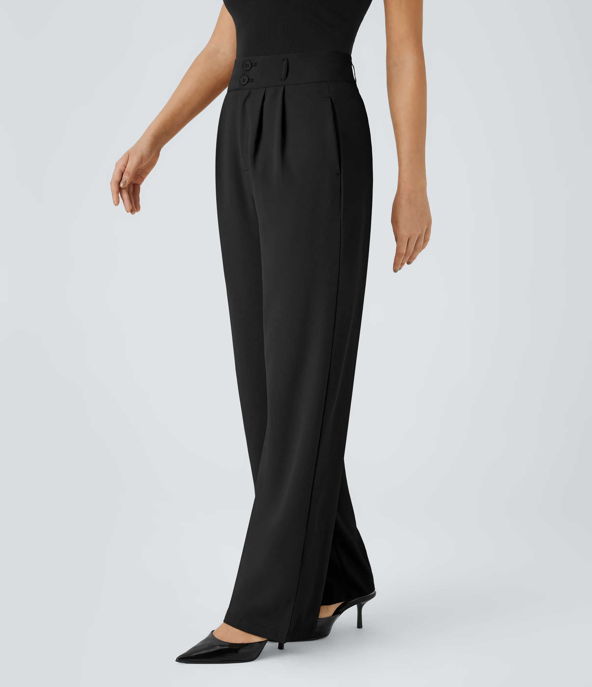 Halara Pantalón oficina tiro alto botón cremallera bolsillo lateral fruncido pierna recta - Black - M(regular) sold by Halara