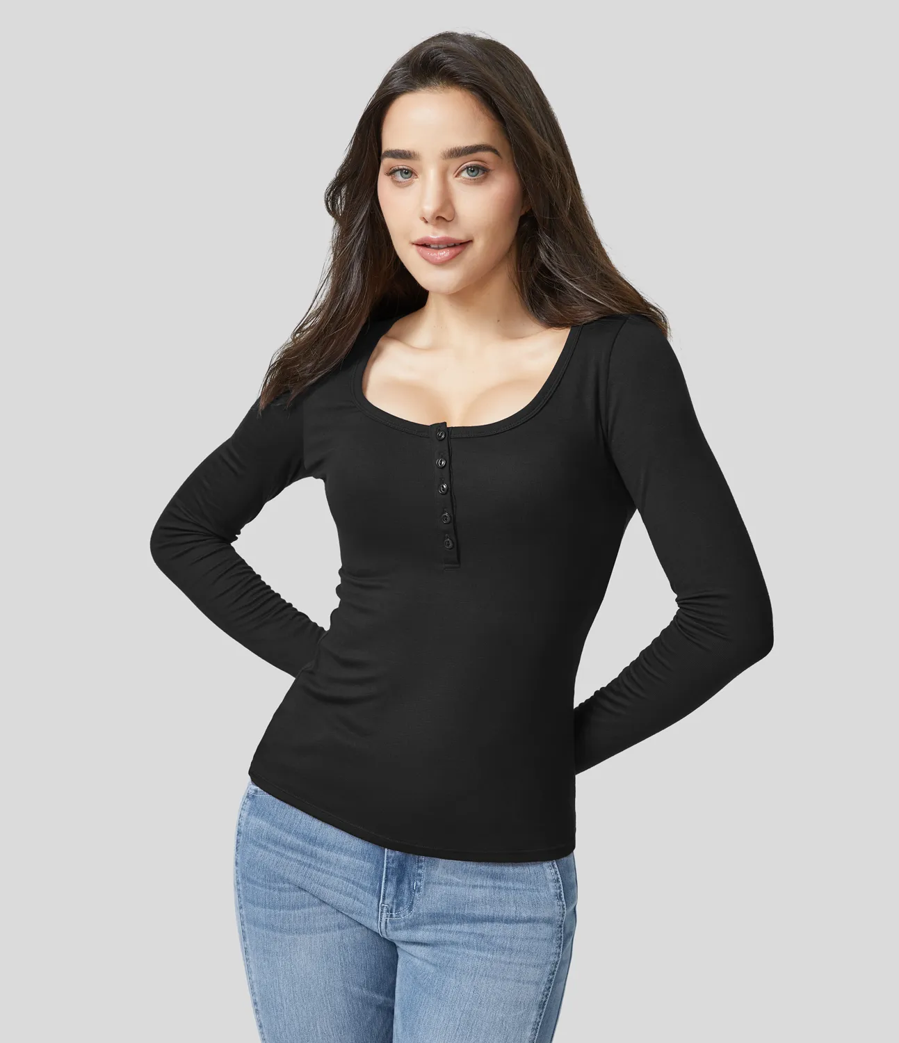 Halara Top ajustado manga larga cuello Henley acanalado - Black - XS sold by Halara