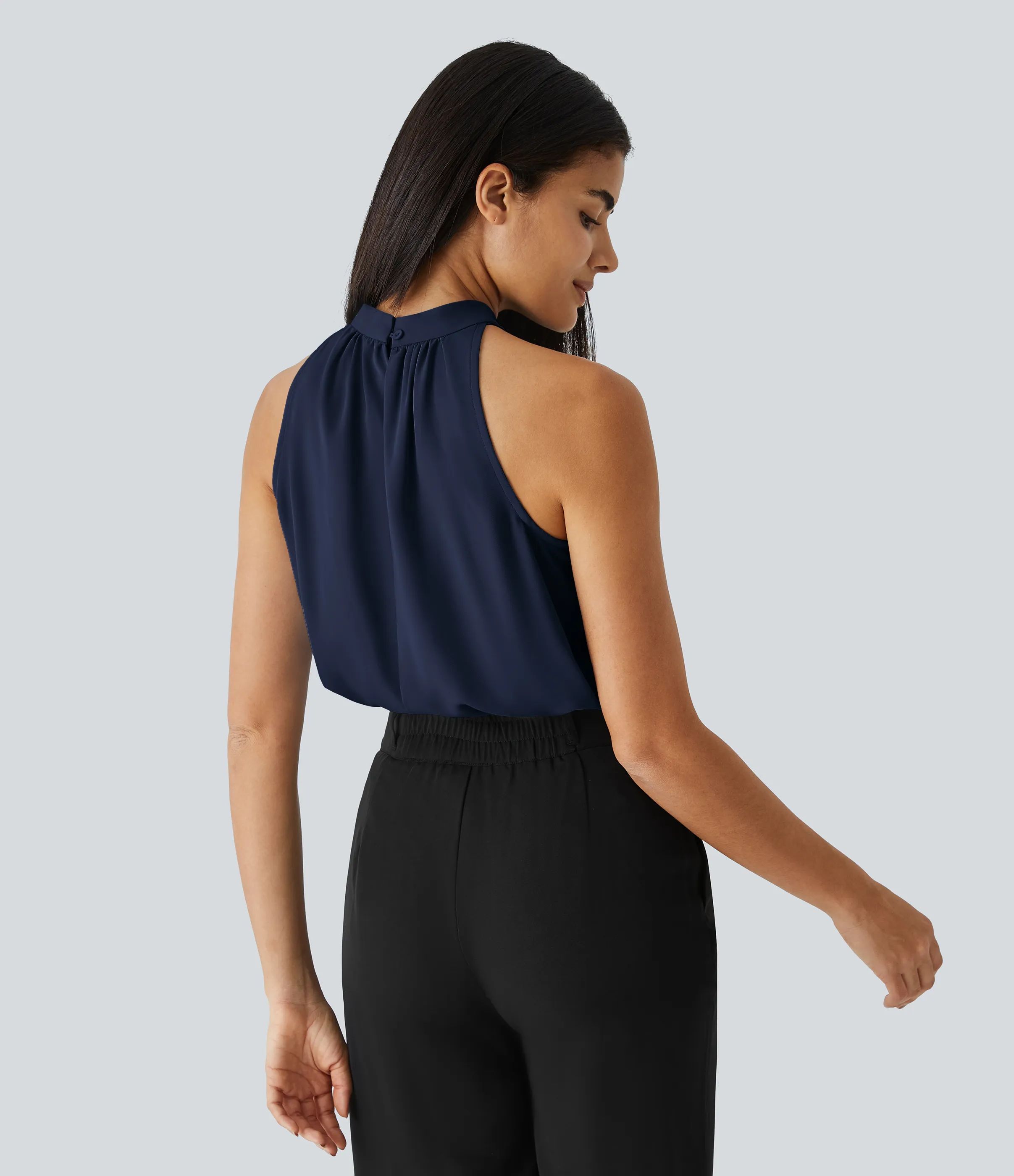 Halara Blusa oficina dobladillo curvado sin manga plisada abertura espalda halter - Denim Blue - XL sold by Halara product image thumbnail 3