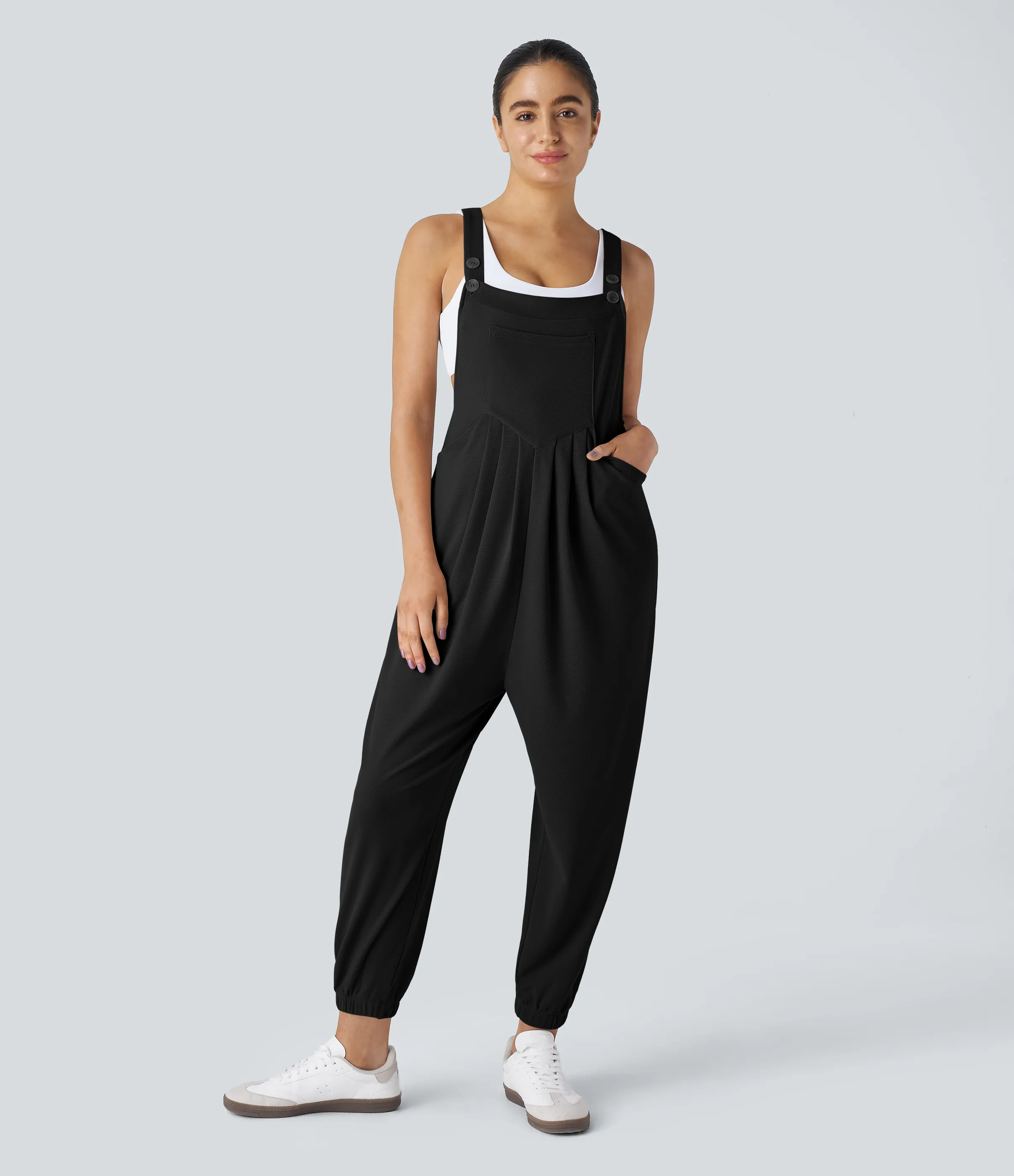 Halara Overol jogger botón correa ajustable bolsillo múltiple gofre plisado - Black - M(tall) sold by Halara product image thumbnail 2