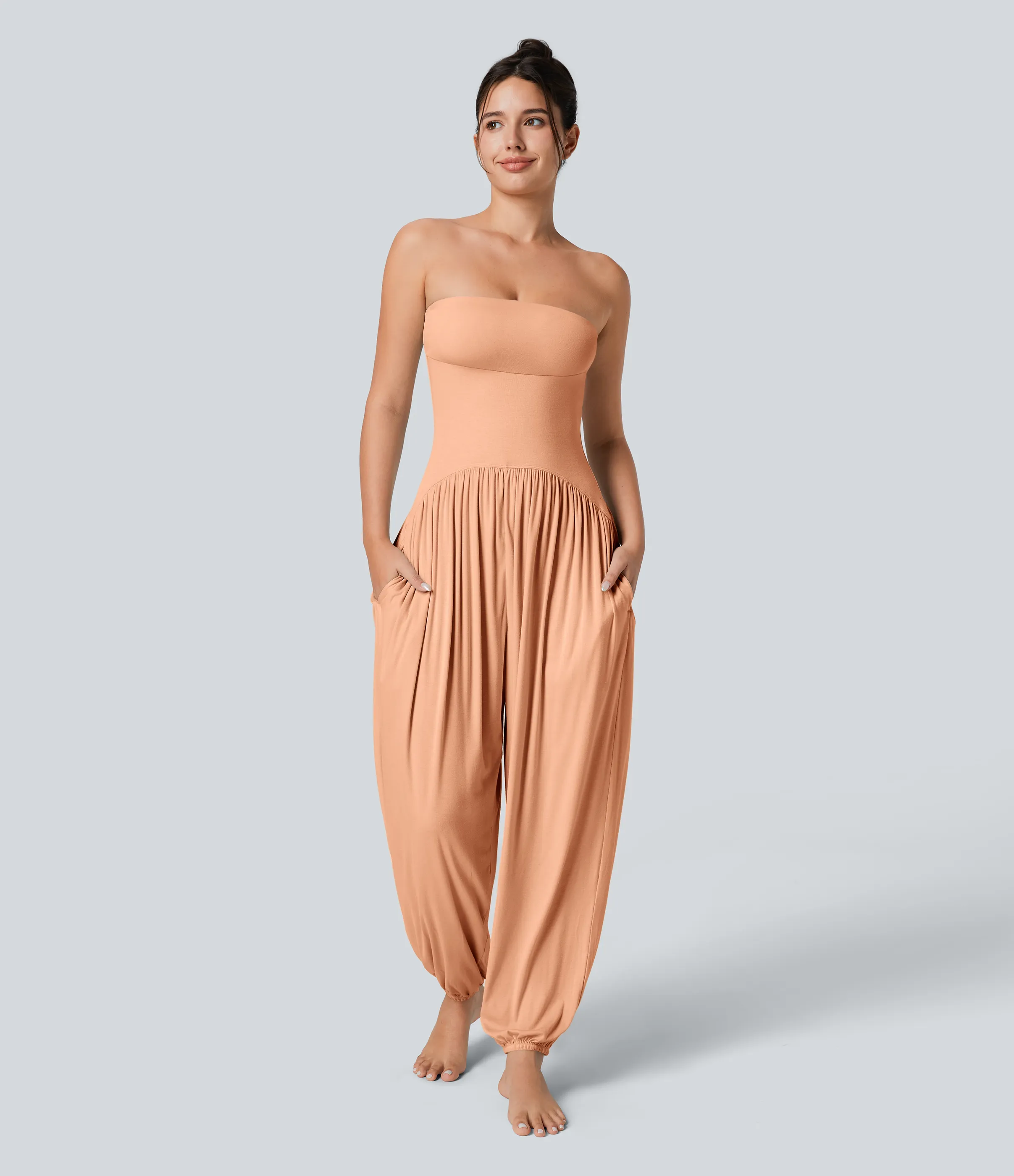 Halara Mono bolsillo lateral plisado sin espalda tubo acanalado - Sunset Orange - M(regular) sold by Halara product image thumbnail 2