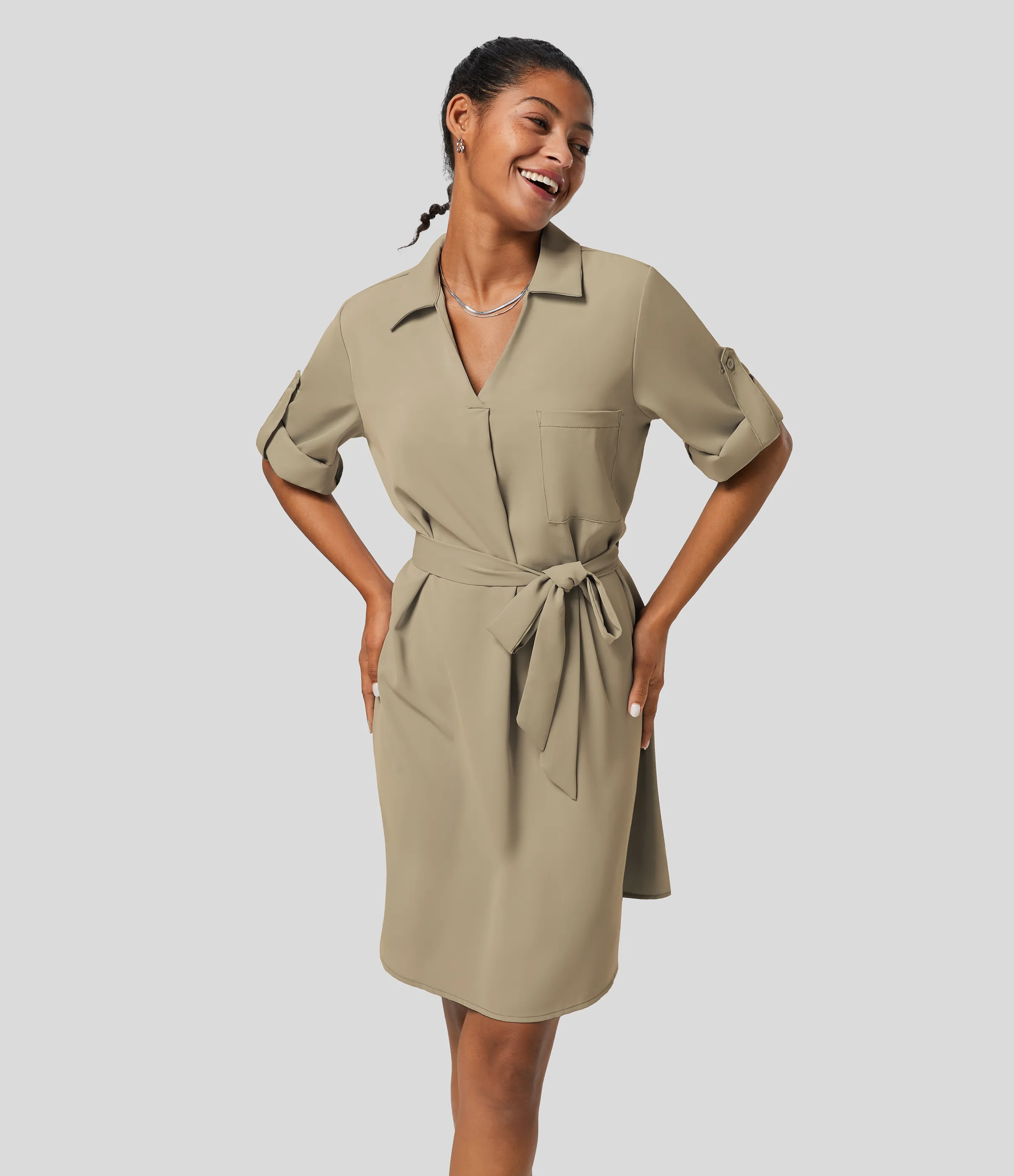 Halara Vestido camisero oficina midi cinturón manga enrollada cuello - Pale Khaki - L sold by Halara product image thumbnail 5