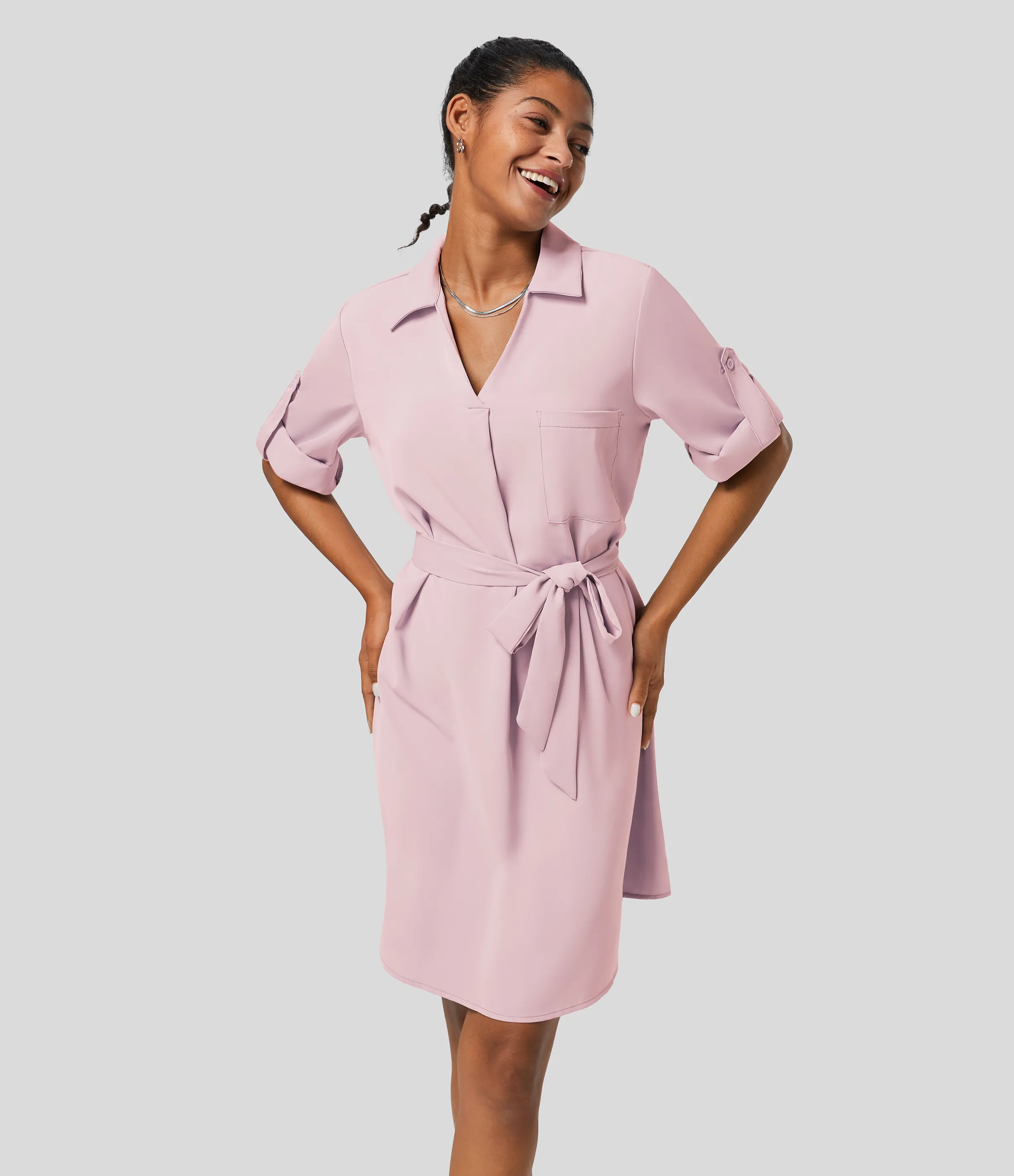 Halara Vestido camisero oficina midi cinturón manga enrollada cuello - Ballet Slipper - L sold by Halara product image thumbnail 5