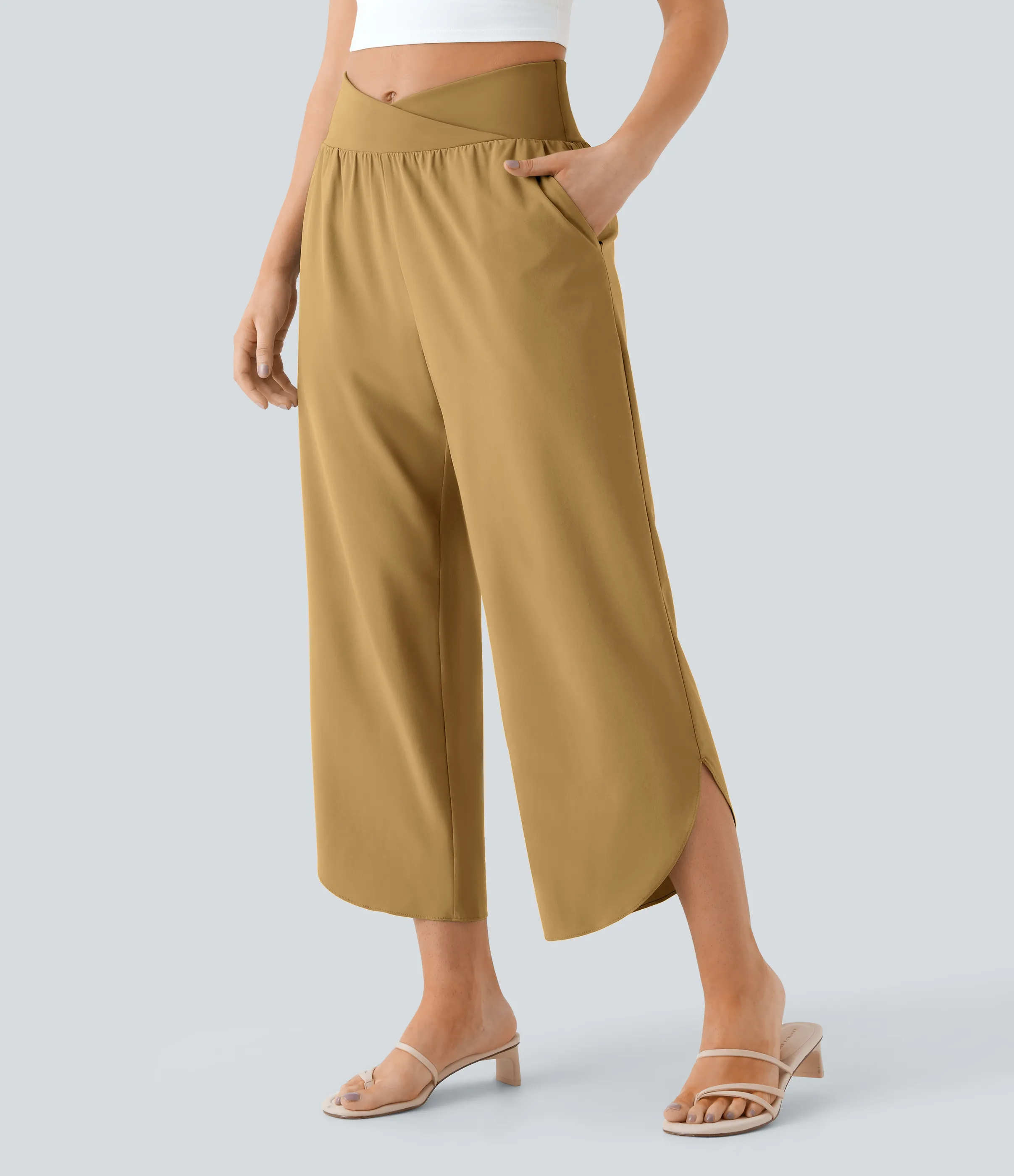 Halara Pantalón Breezeful™ Resort secado rápido abertura bolsillo lateral plisado cruzado tiro alto - Wood Thrush - XS(regular) sold by Halara