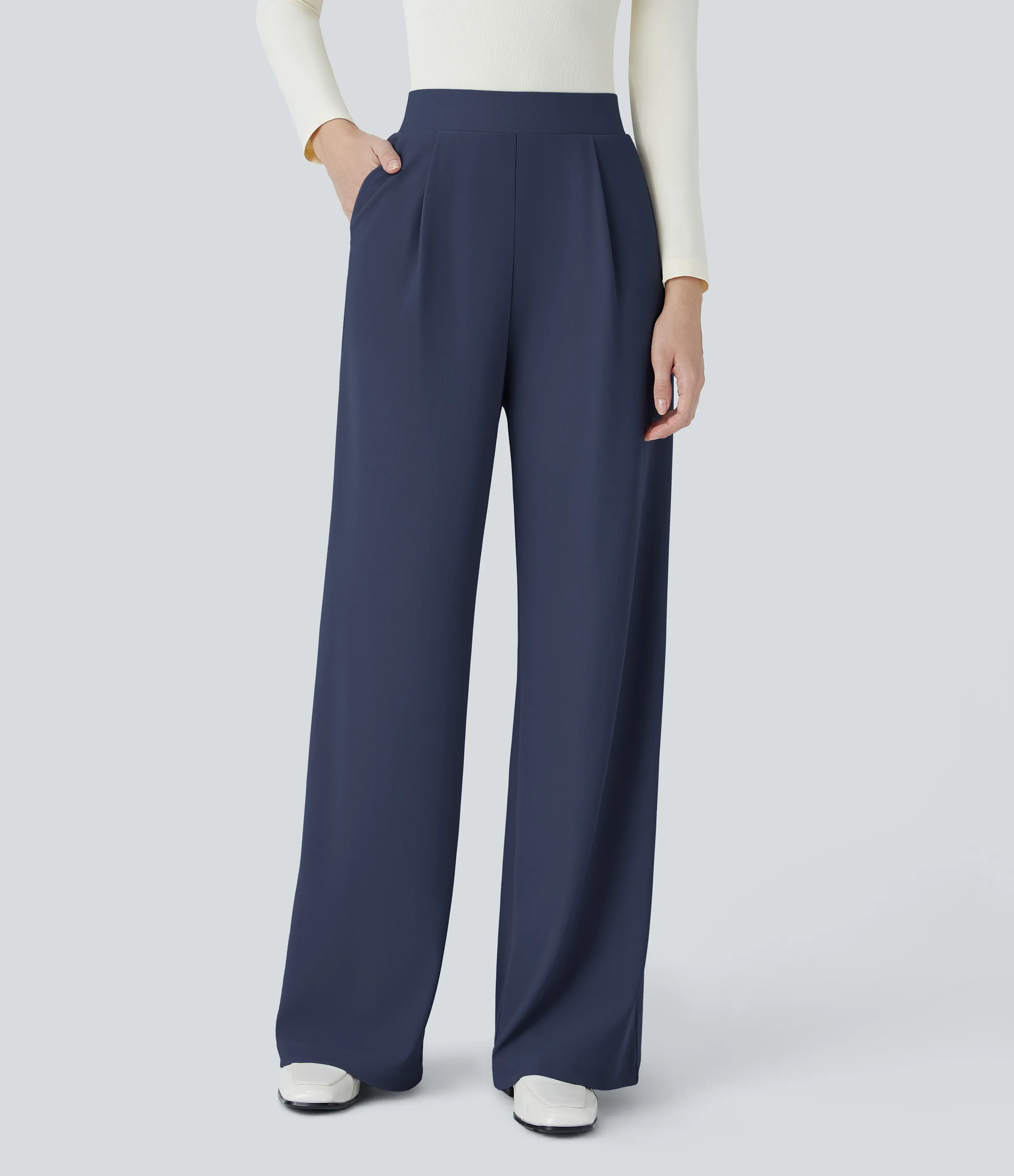 Halara Pantalón Halara Flex™ oficina tiro alto control abdomen adelgazan tiro bolsillo lateral pierna ancha micro gofre - Mood Indigo - M(extall) sold by Halara