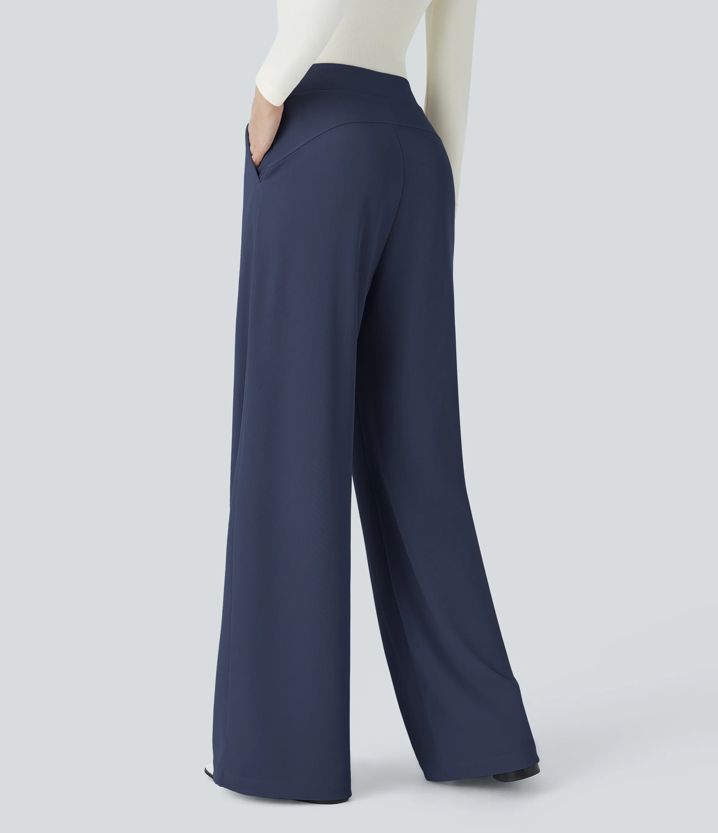 Halara Pantalón Halara Flex™ oficina tiro alto control abdomen adelgazan tiro bolsillo lateral pierna ancha micro gofre - Mood Indigo - M(extall) sold by Halara product image thumbnail 3