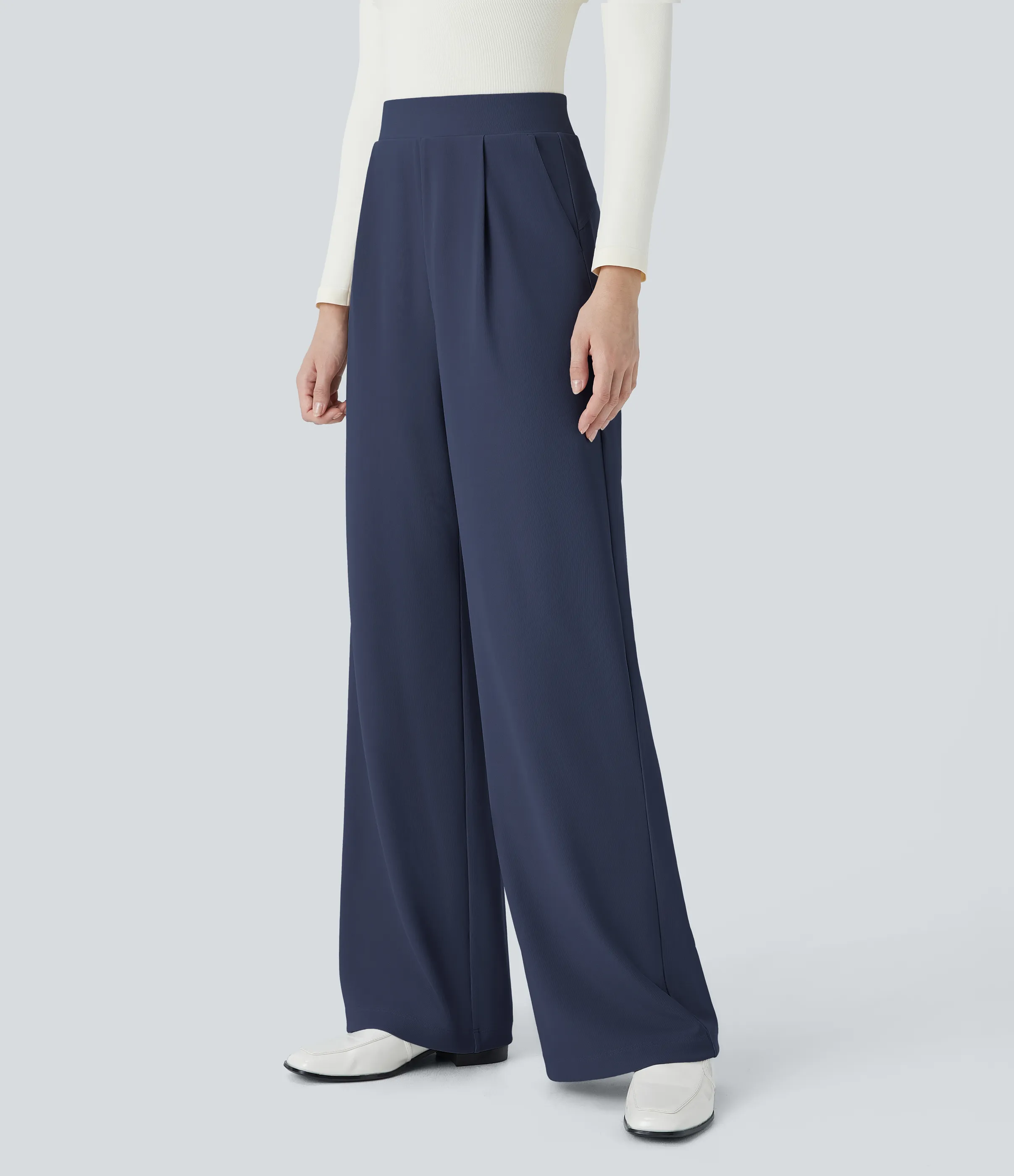 Halara Pantalón Halara Flex™ oficina tiro alto control abdomen adelgazan tiro bolsillo lateral pierna ancha micro gofre - Mood Indigo - M(extall) sold by Halara product image thumbnail 4