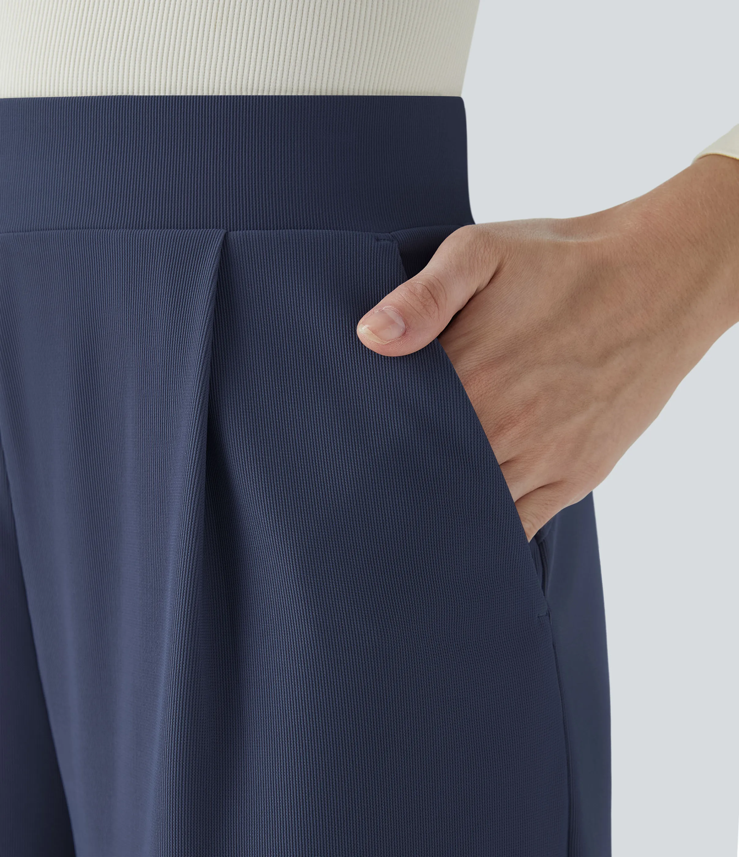 Halara Pantalón Halara Flex™ oficina tiro alto control abdomen adelgazan tiro bolsillo lateral pierna ancha micro gofre - Mood Indigo - M(extall) sold by Halara product image thumbnail 5