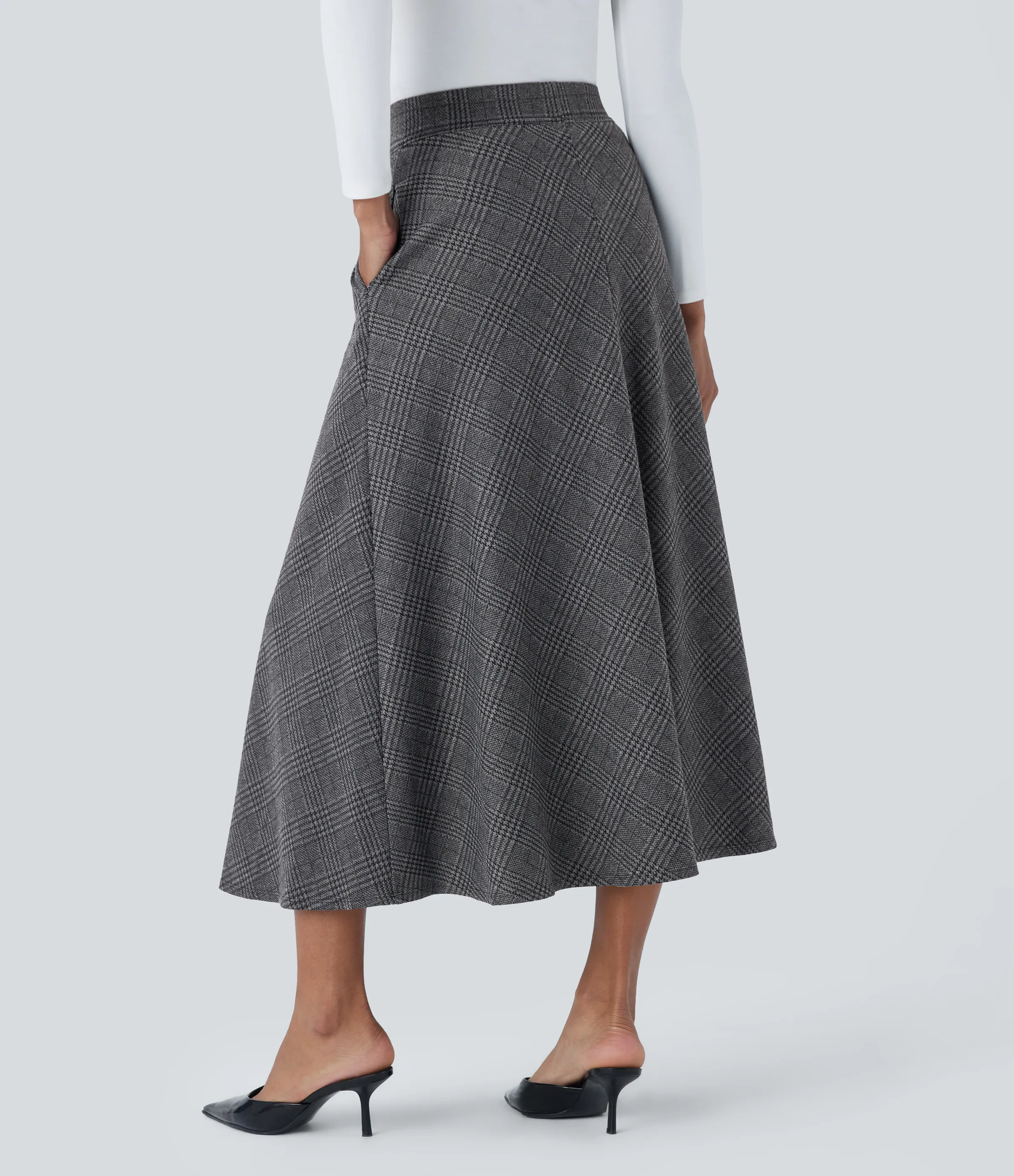 Halara Falda midi acampanada cuadro pata gallo bolsillo lateral tiro alto - Charcoal Black Houndstooth Plaid - S(regular) sold by Halara product image thumbnail 3