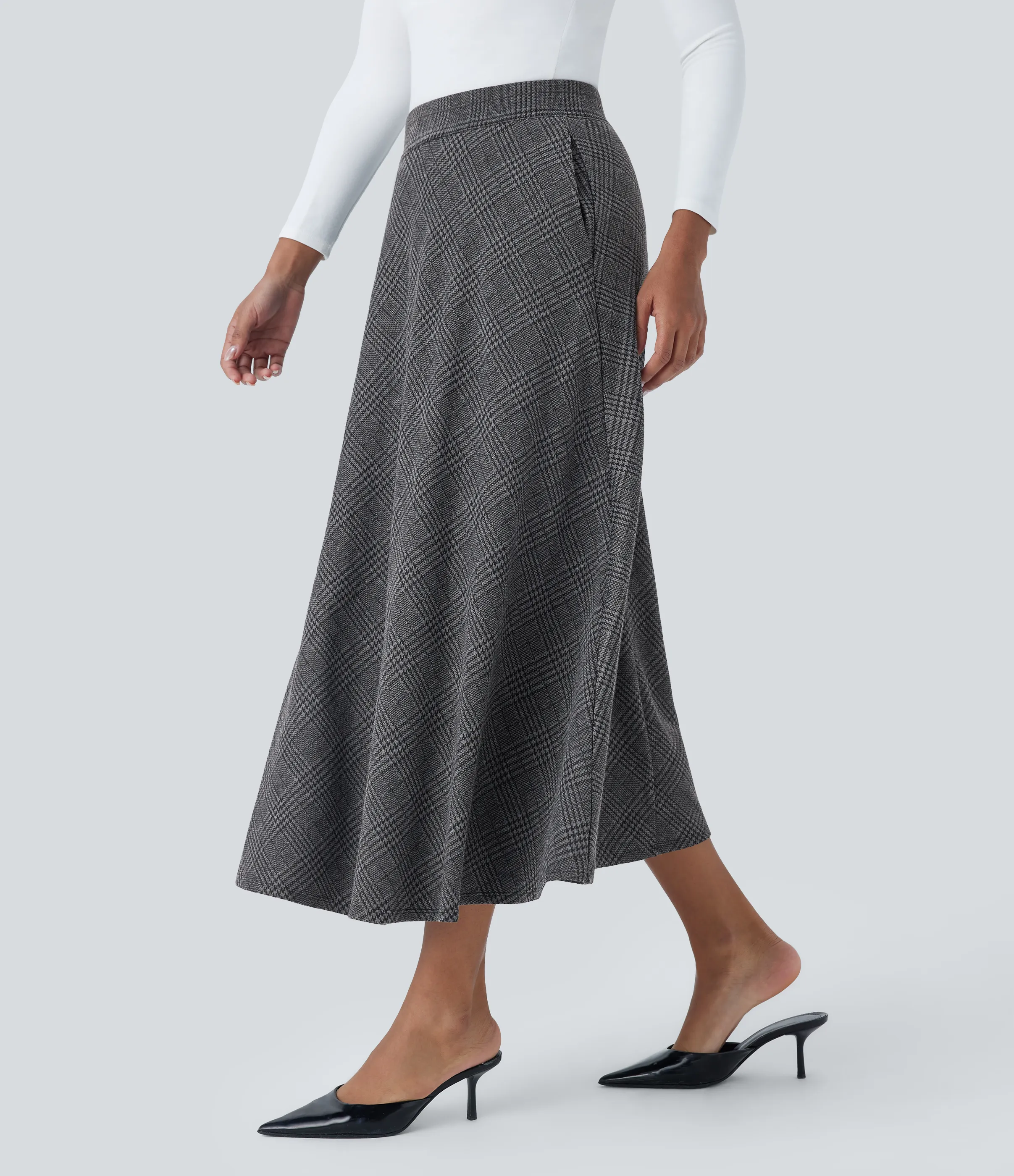 Halara Falda midi acampanada cuadro pata gallo bolsillo lateral tiro alto - Charcoal Black Houndstooth Plaid - S(regular) sold by Halara product image thumbnail 4