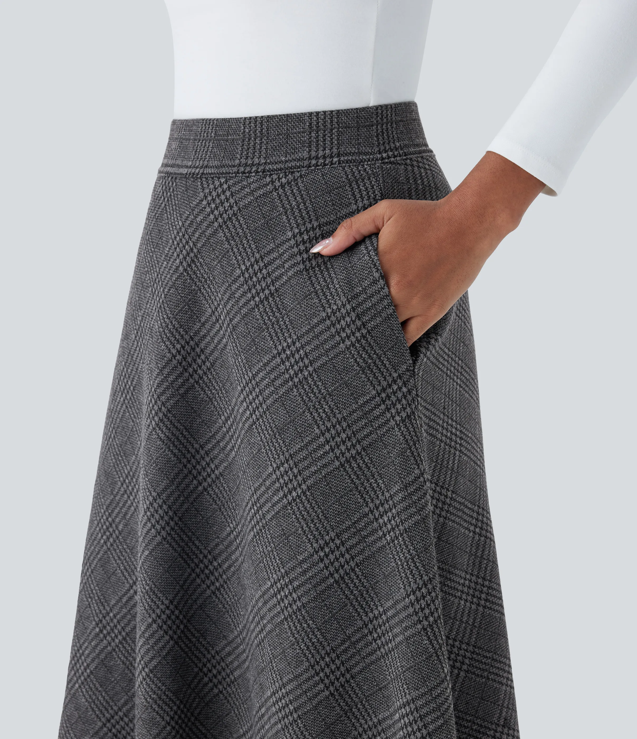 Halara Falda midi acampanada cuadro pata gallo bolsillo lateral tiro alto - Charcoal Black Houndstooth Plaid - S(regular) sold by Halara product image thumbnail 5