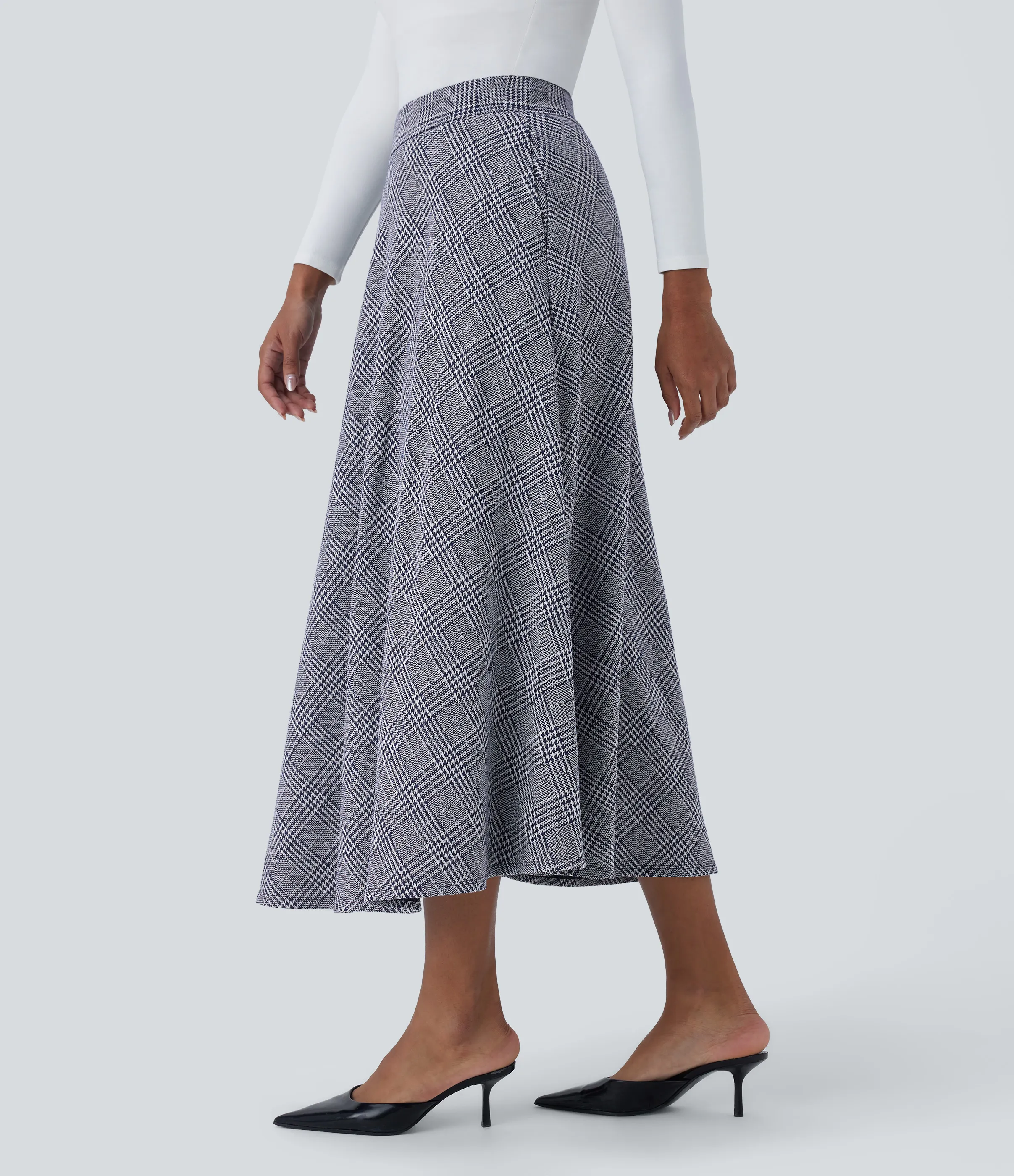 Halara Falda midi acampanada cuadro pata gallo bolsillo lateral tiro alto - Navy Blue Houndstooth Plaid - S(regular) sold by Halara product image thumbnail 4