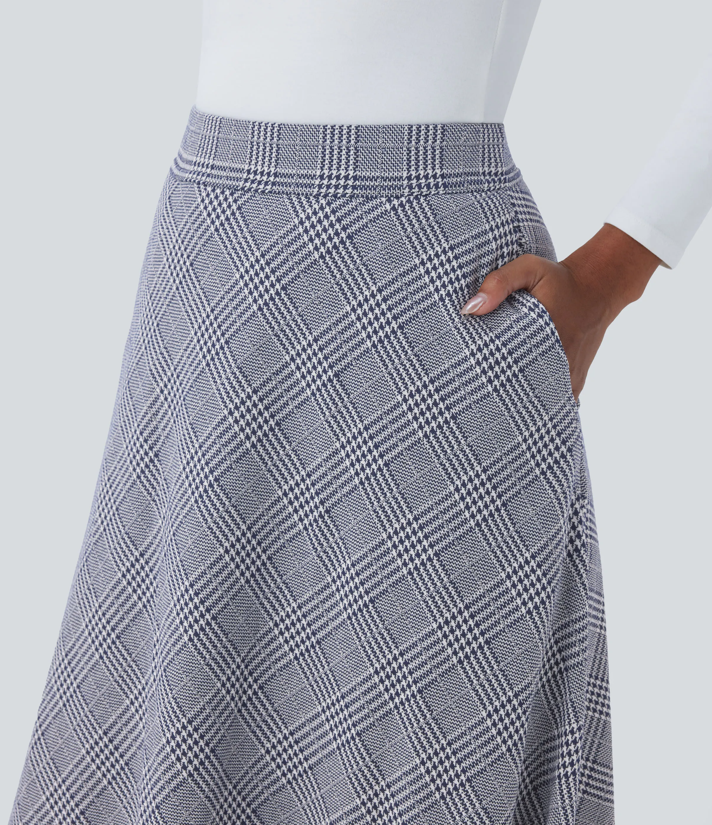 Halara Falda midi acampanada cuadro pata gallo bolsillo lateral tiro alto - Navy Blue Houndstooth Plaid - S(regular) sold by Halara product image thumbnail 5