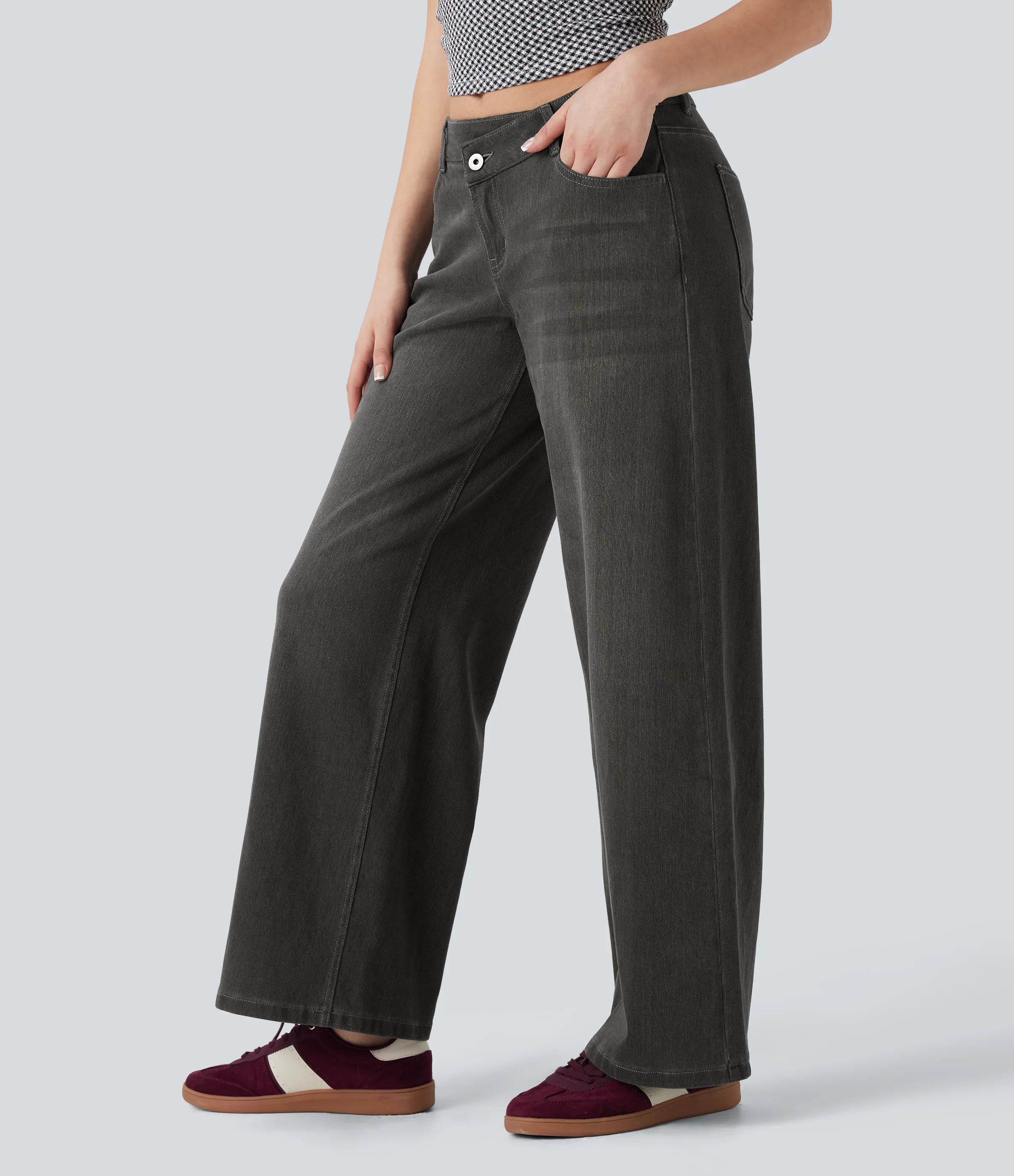 Halara Jeans Baggy Halara Flex™ Denim elástico lavado pierna ancha holgado múltiple bolsillo cierre botón tiro bajo asimétrico - Cool Gray Denim - S(tall) sold by Halara product image thumbnail 4