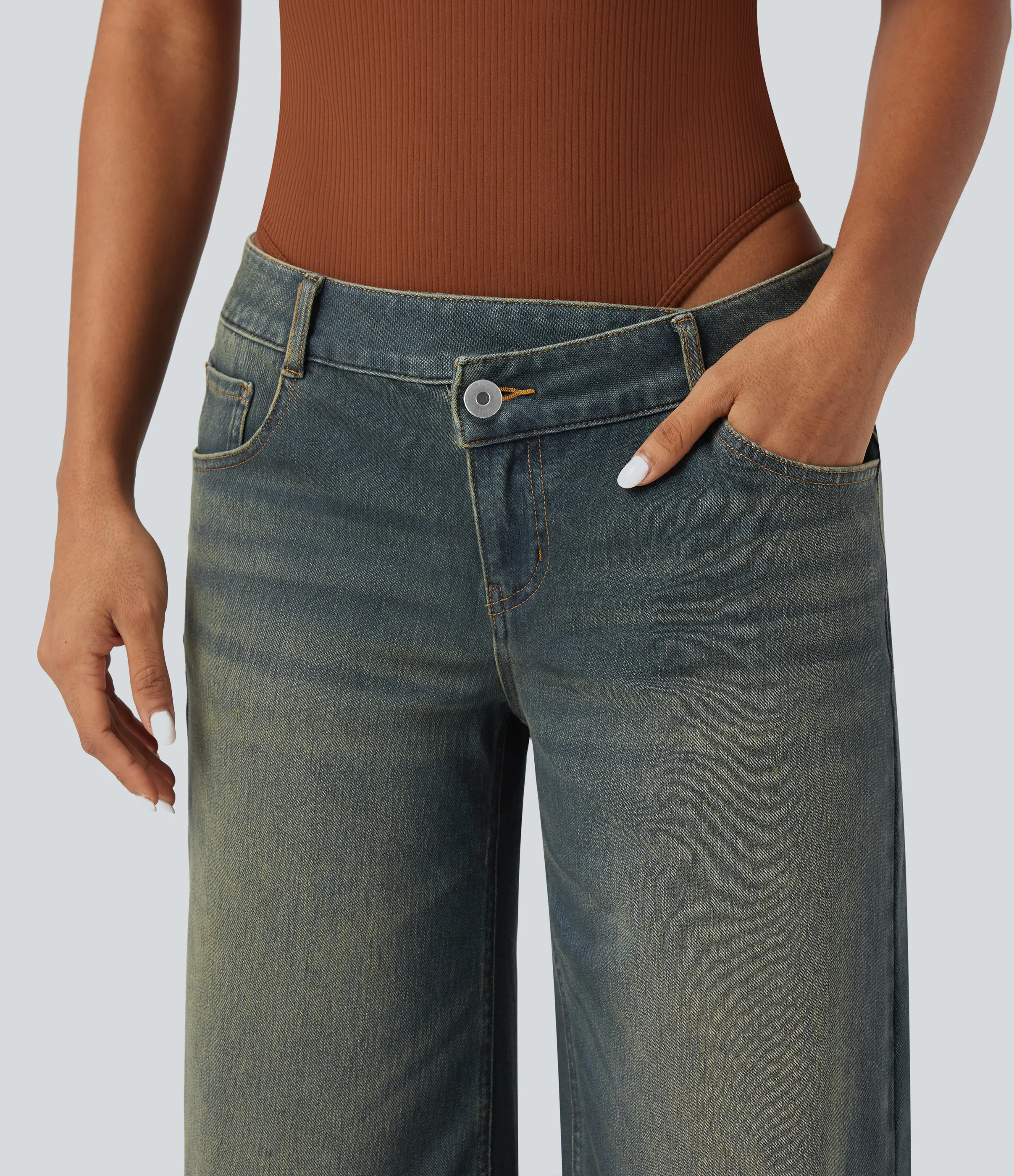 Halara Jeans Baggy Halara Flex™ Denim elástico lavado pierna ancha holgado múltiple bolsillo cierre botón tiro bajo asimétrico - Mottled Dark Blue Denim - XS(tall) sold by Halara product image thumbnail 5