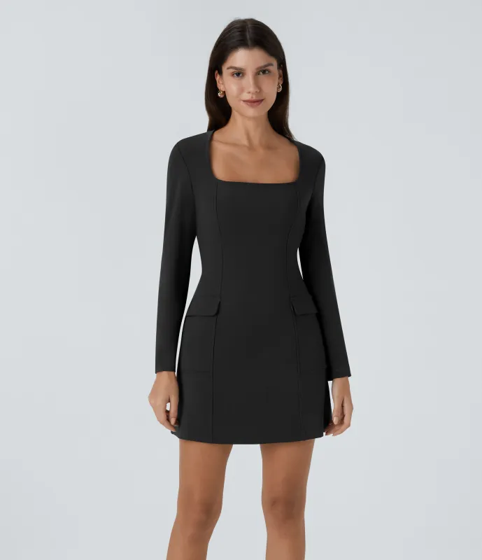 Halara Vestido mini ajustado cuello cuadrado manga larga cremallera invisible bolsillo solapa - Black - XL made by Halara