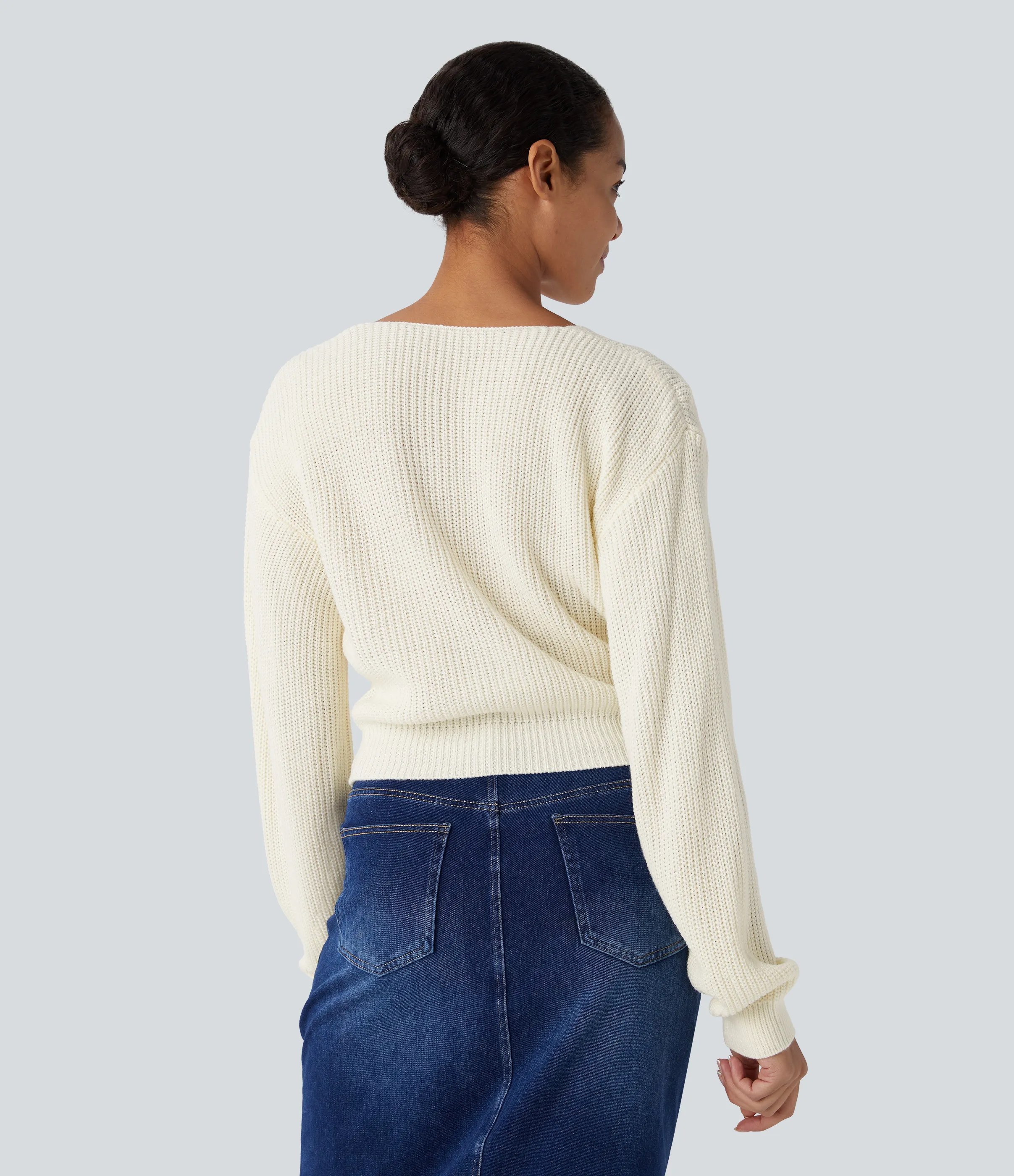 Halara Suéter holgado cuello V hombro caído manga larga - Light Beige - S sold by Halara product image thumbnail 3