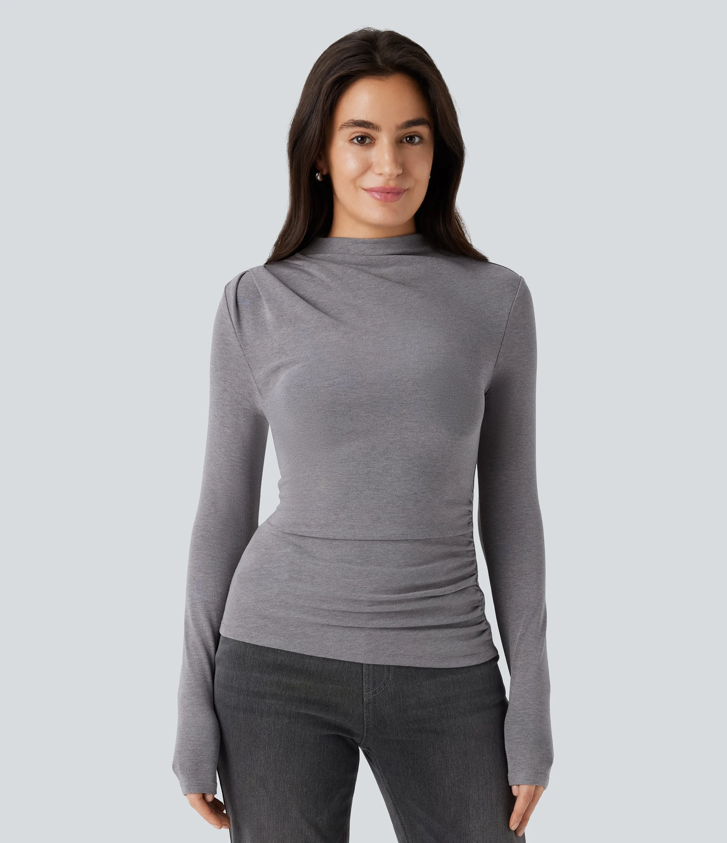 Halara Top térmico ajustado manga larga cuello alto fruncido - Mottled Cloud Grey - L sold by Halara product image thumbnail 2