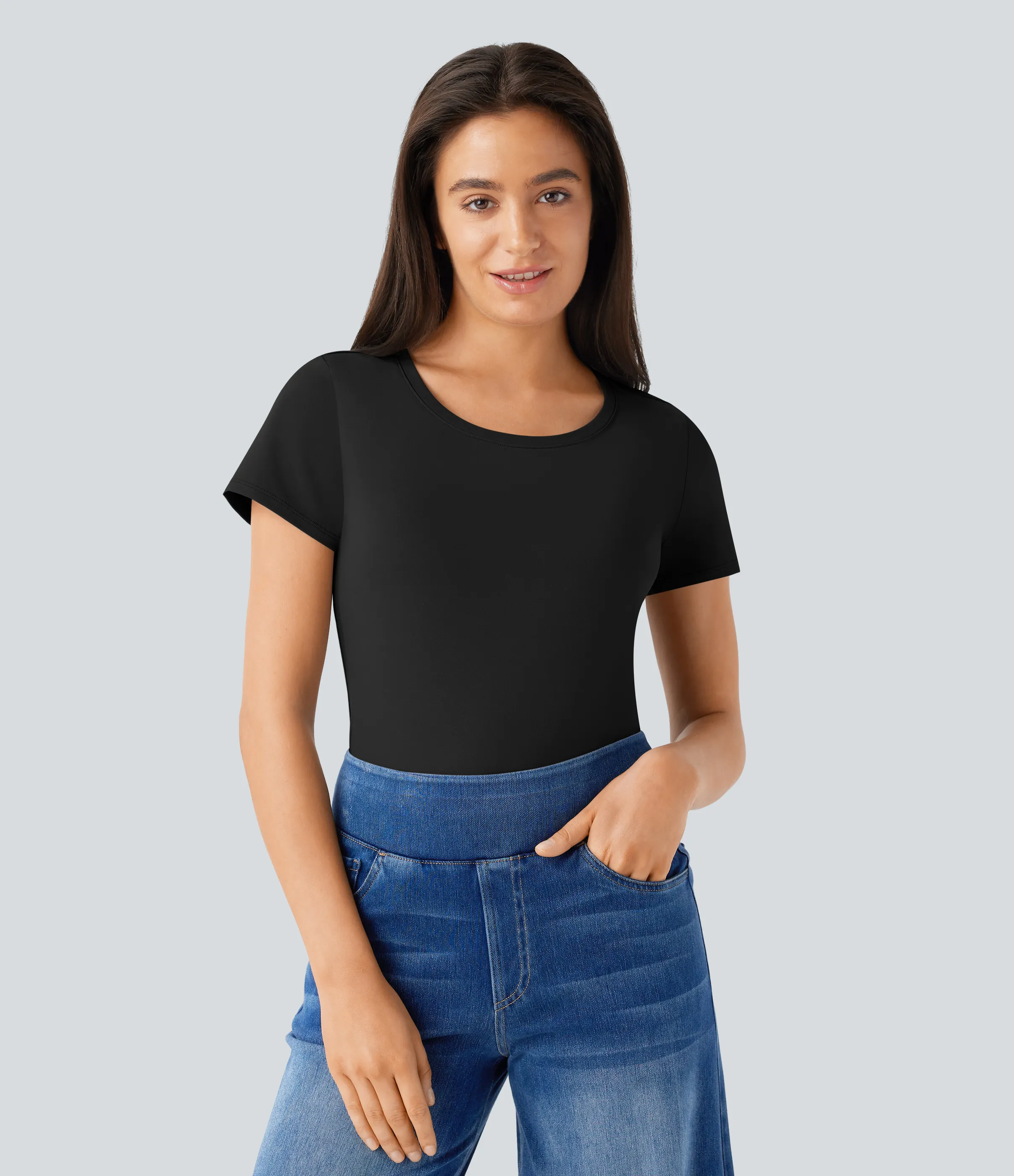 Halara Blusa básica oficina cuello redondo manga corta - Black - XS sold by Halara