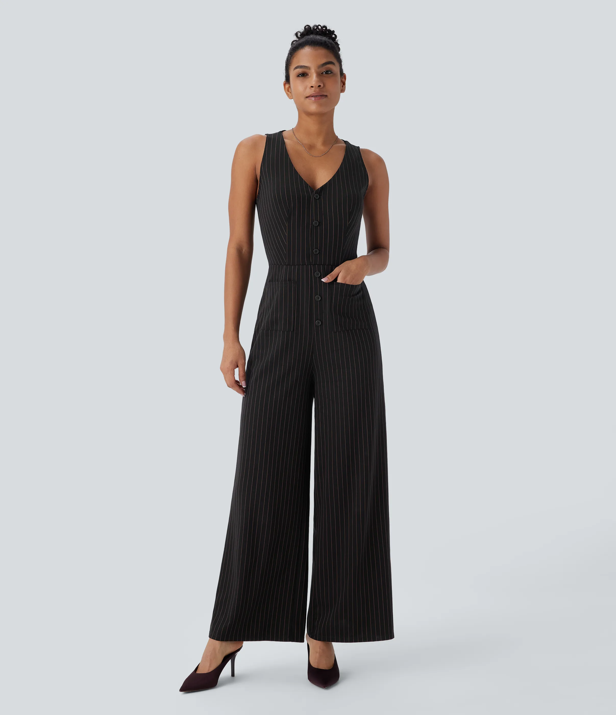 Halara Mono oficina cuello V sin mangas bolsillo delantero recortado pierna ancha rayas tacto fresco - Black Brown Black Pinstripe - S(regular) sold by Halara product image thumbnail 2