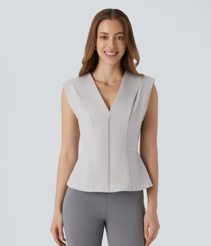 Halara Blusa peplum ajustada sin mangas cuello V oficina - Dawn Blue - XS made by Halara