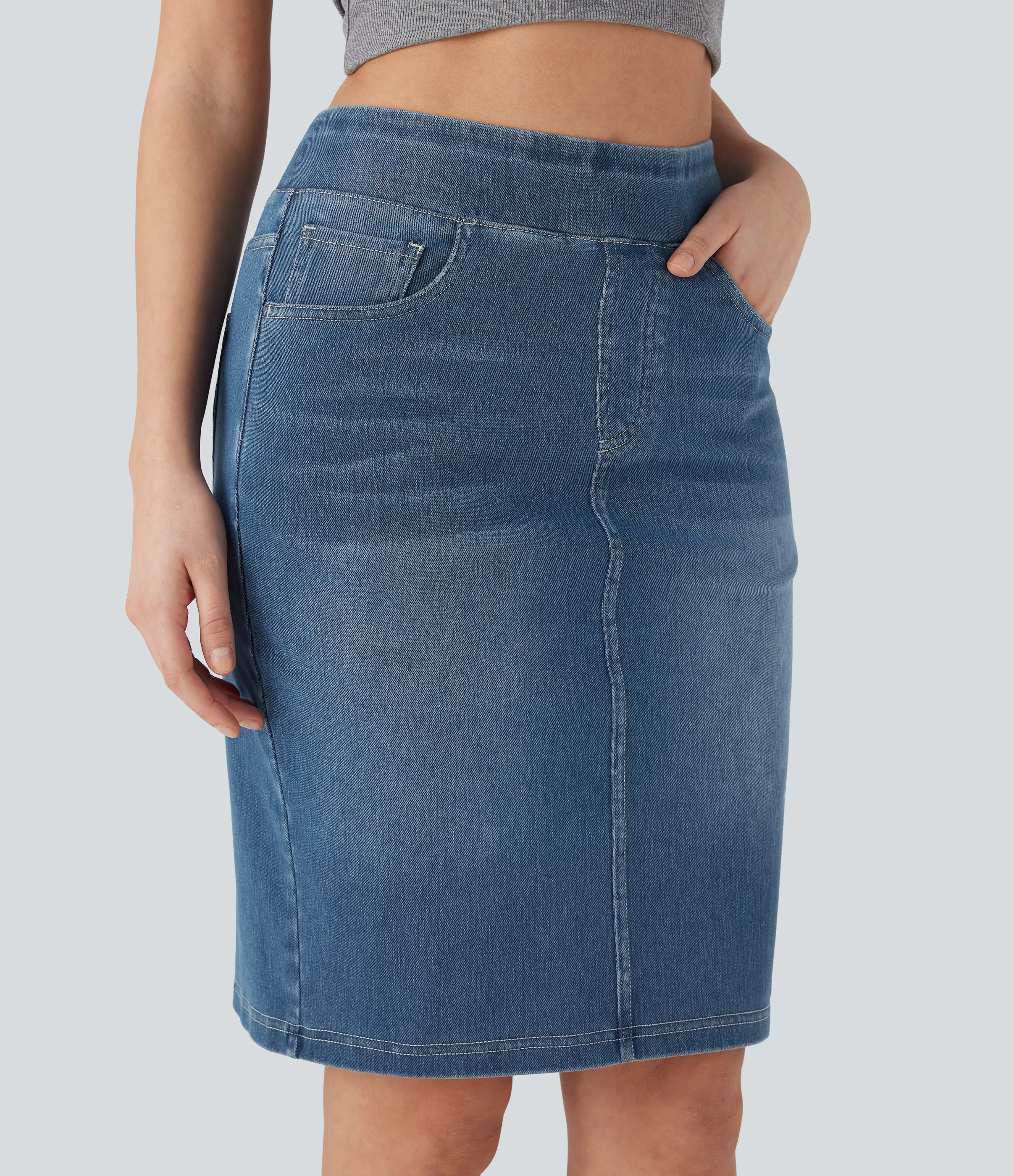 Halara Falda Halara Flex™ Denim mezclilla elástico lavada dividida múltiple bolsillo tiro alto - Frost Blue Denim - XS(regular) sold by Halara product image thumbnail 5