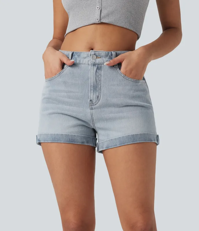 Halara Pantalón corto Halara Flex™ Denim mezclilla elástico cremallera botón tiro medio 7.5cm - Baltic Sea Blue Denim - XS(regular) sold by Halara