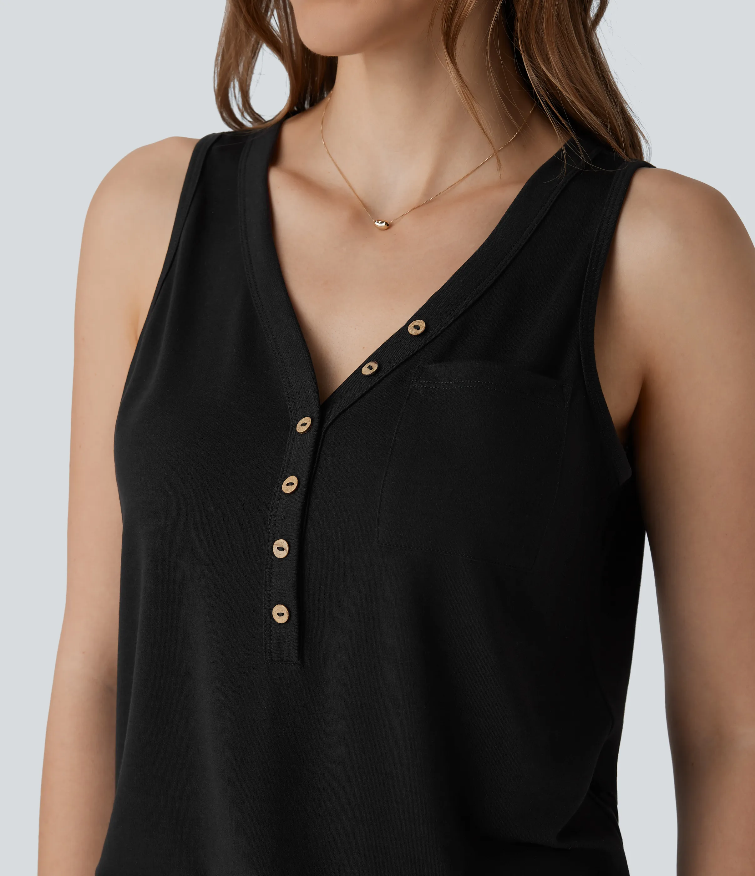 Halara Blusa sin mangas cuello V botón decorativo - Black - M sold by Halara product image thumbnail 5