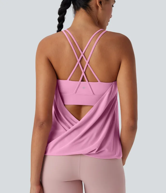Halara Top yoga secado rápido tirante doble plisado cruzado espalda - Pink Frosting - L sold by Halara