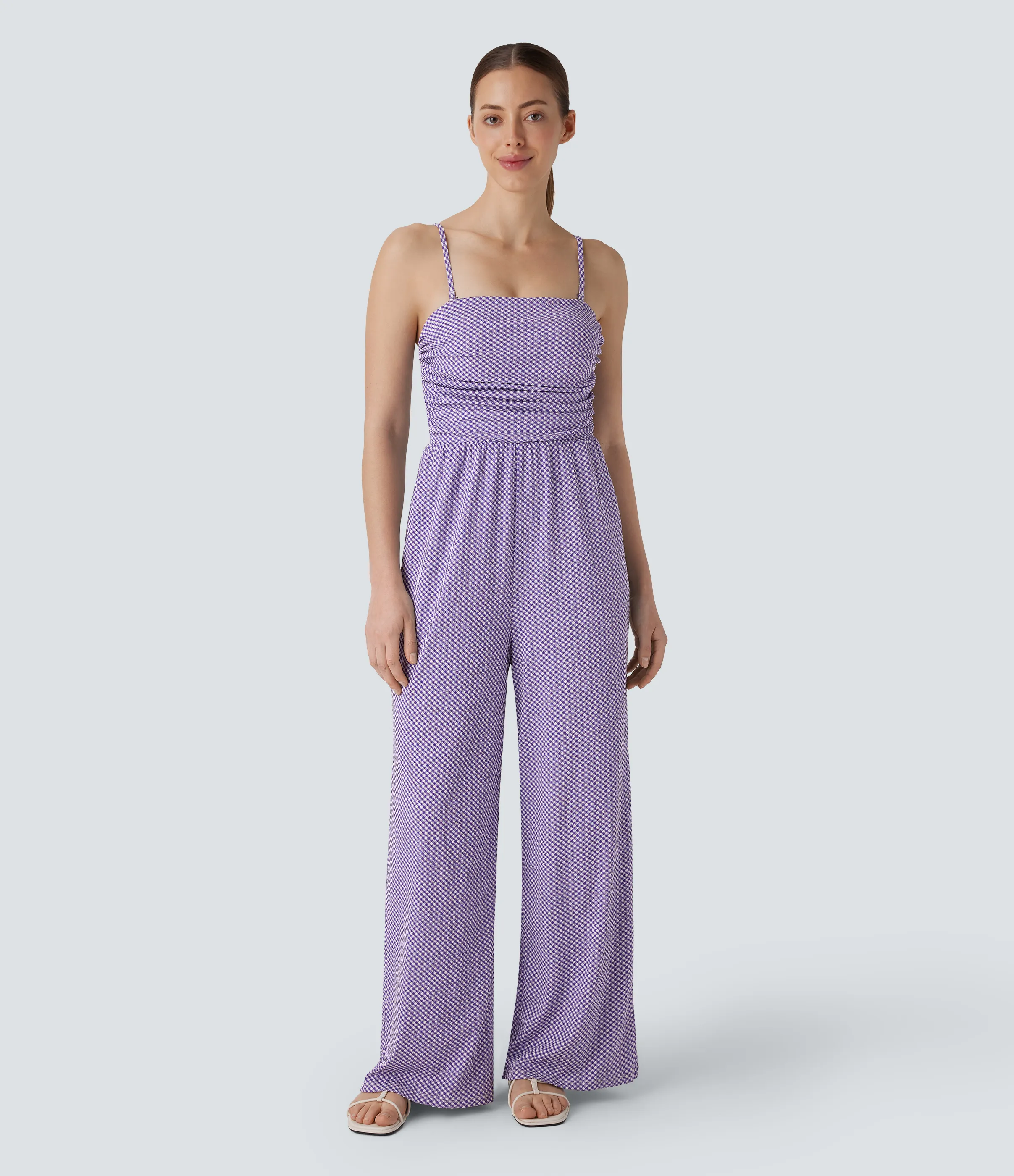 Halara Mono cuadro bolsillo lateral fruncido sin espalda tirante ajustable extraíble - Purple Diagonal Plaid - L(regular) sold by Halara