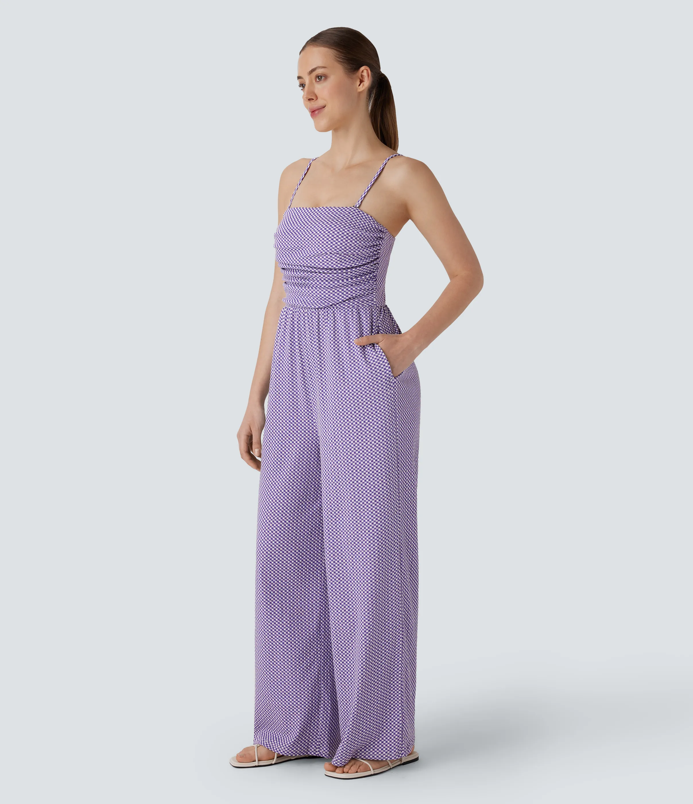 Halara Mono cuadro bolsillo lateral fruncido sin espalda tirante ajustable extraíble - Purple Diagonal Plaid - L(regular) sold by Halara product image thumbnail 4