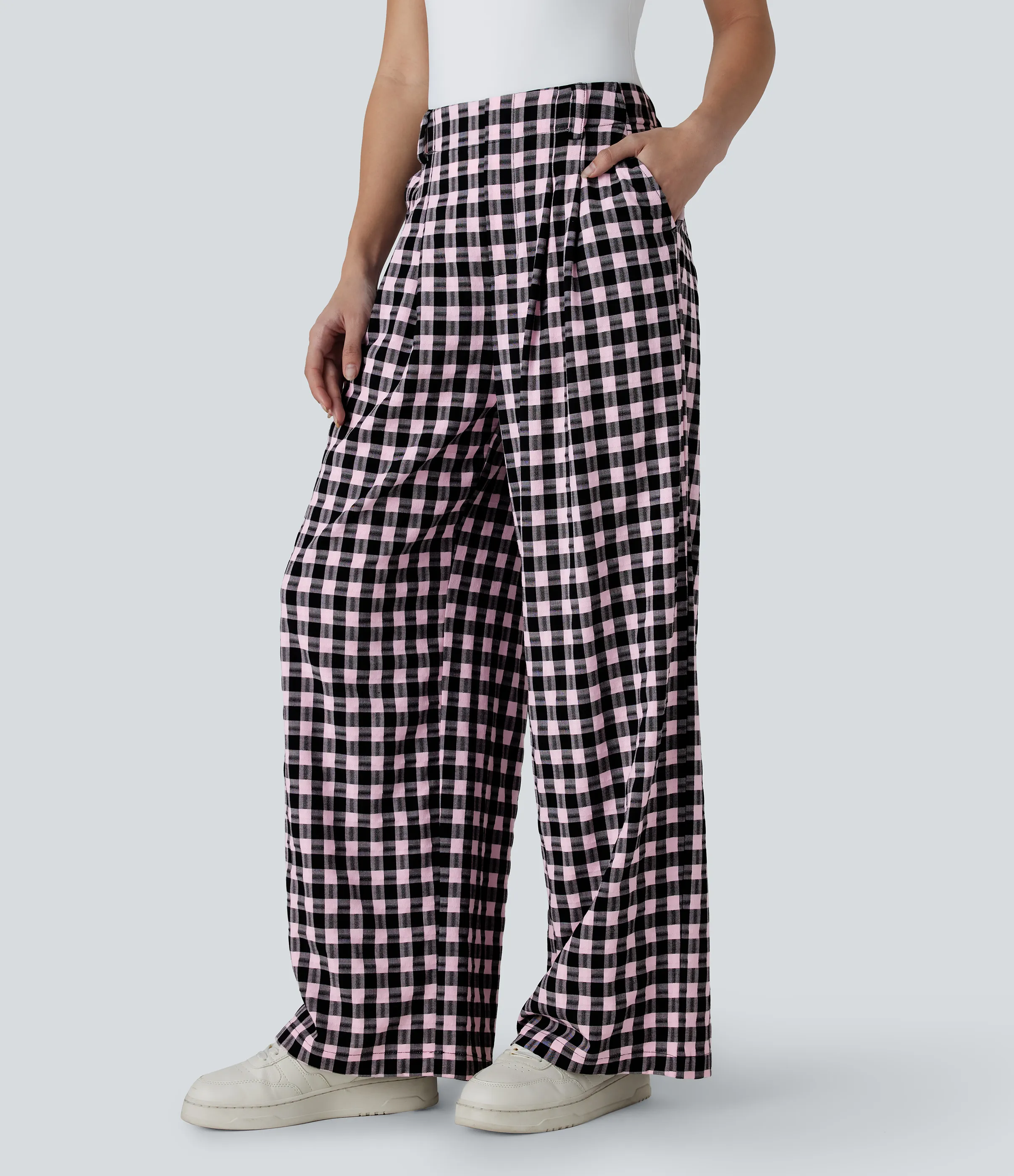 Halara Pantalón cuadro pierna ancha bolsillo lateral tiro alto - Light Pink Architectural Plaid - S(regular) sold by Halara product image thumbnail 4