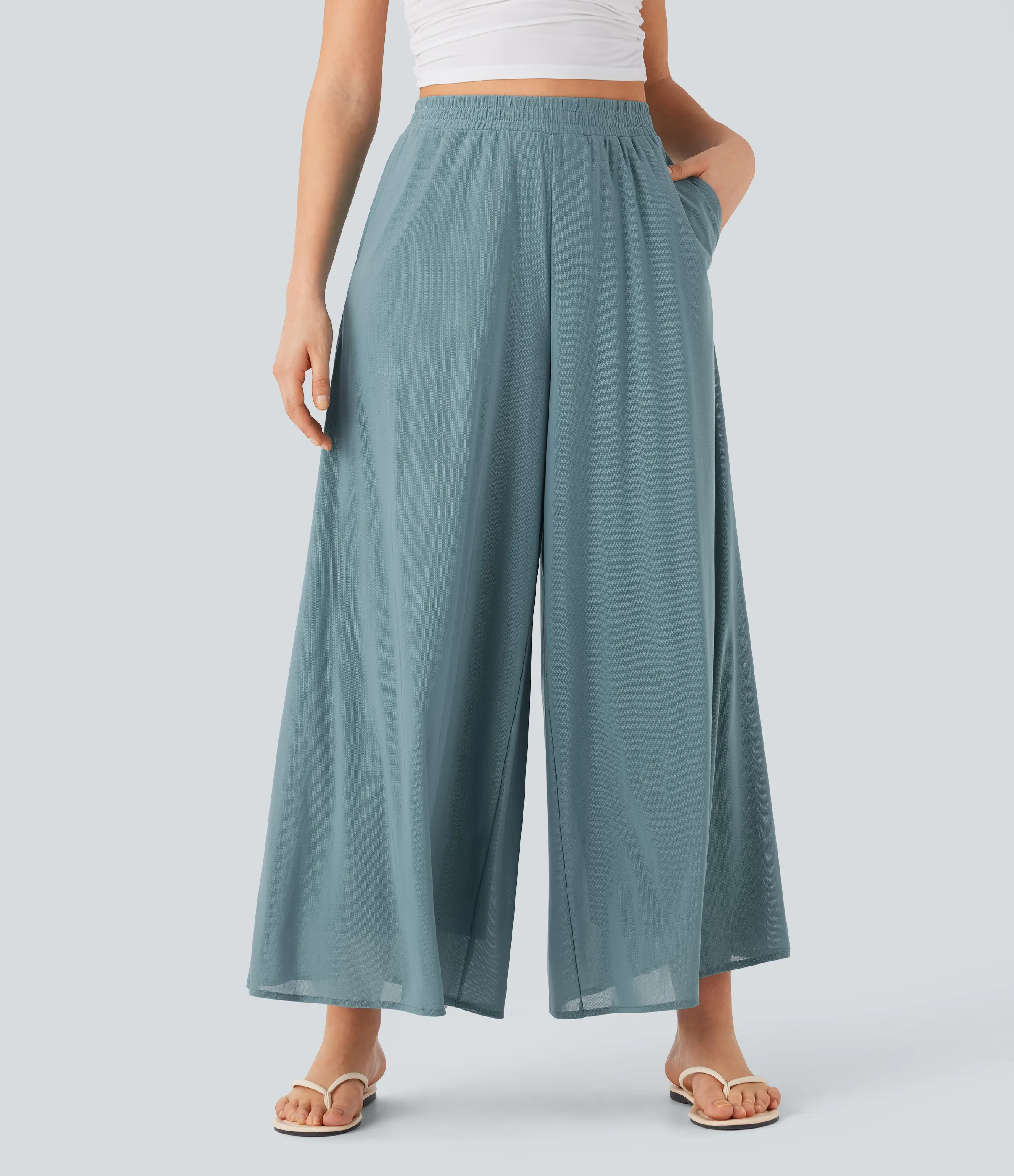 Halara Pantalón pierna ancha superposición malla bolsillo lateral tiro alto - Stone Blue - S(petite) sold by Halara