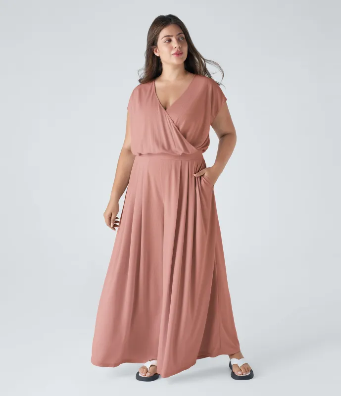 Halara Mono talla grande cuello V manga corta bolsillo lateral plisado pierna ancha gofre fluido - Rose Dawn - 3X sold by Halara