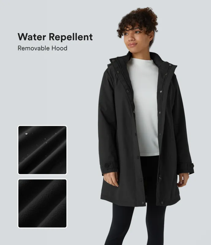 Halara Chaqueta senderismo forro polar corte largo capucha extraíble cuello alto cierre botón manga larga bolsillo lateral - Black - XL sold by Halara