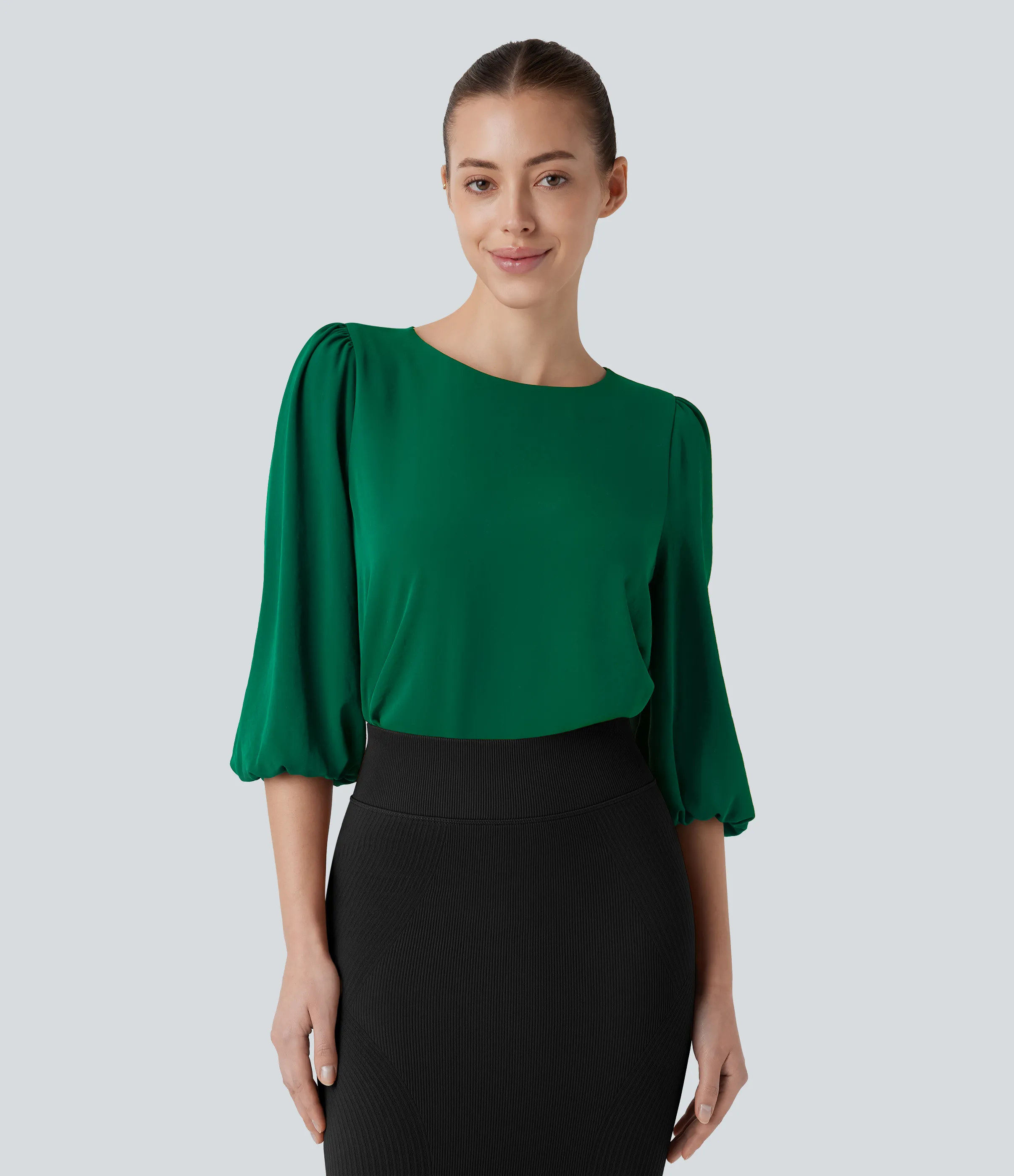 Halara Blusa oficina cuello barco abertura espalda manga obispo - Green Jacket - XS sold by Halara product image thumbnail 2