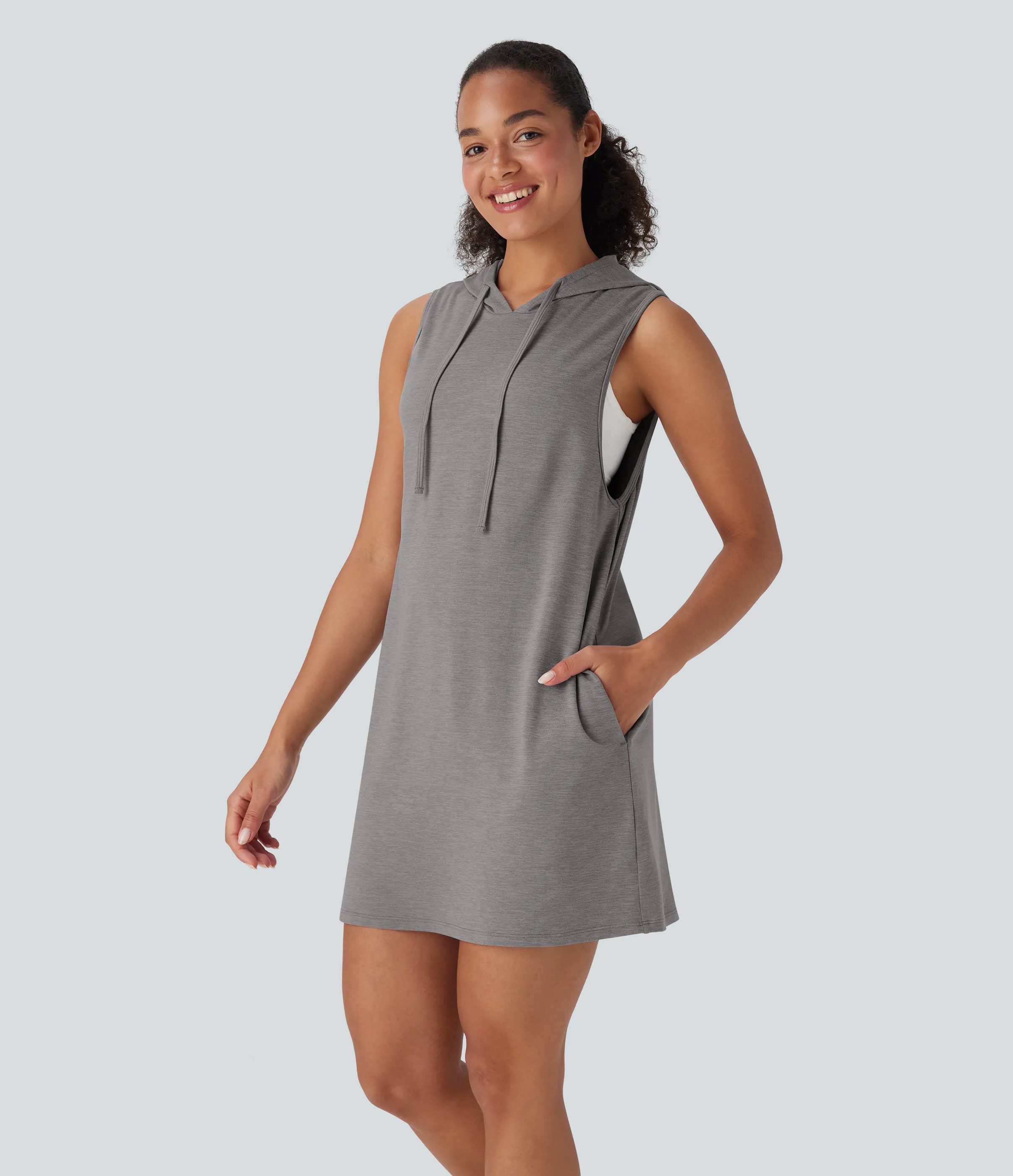 Halara Vestido mini casual recto sin mangas con capucha y cordón ajustable con bolsillos - Mottled Earth Gray - M sold by Halara product image thumbnail 4