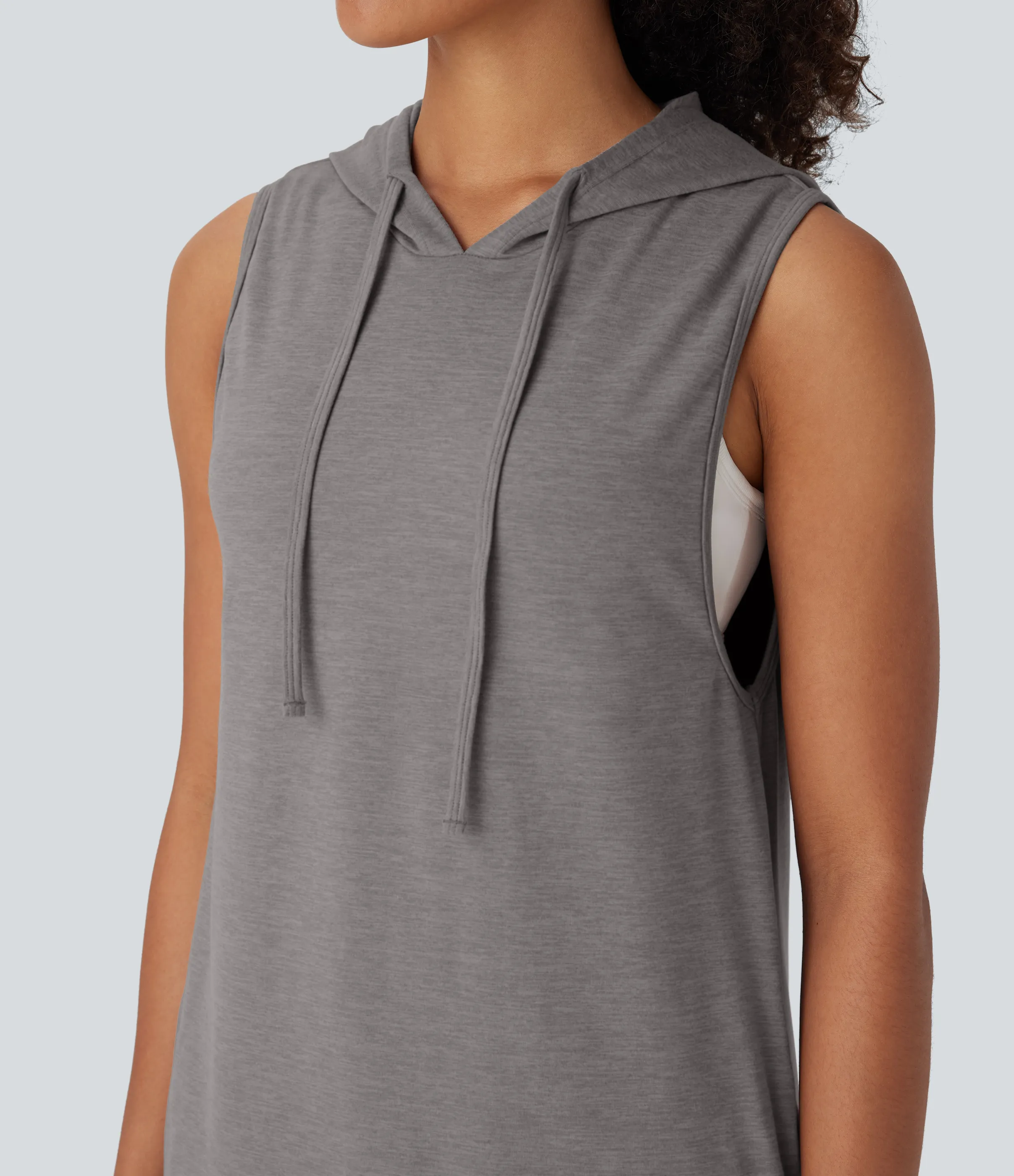 Halara Vestido mini casual recto sin mangas con capucha y cordón ajustable con bolsillos - Mottled Earth Gray - M sold by Halara product image thumbnail 5