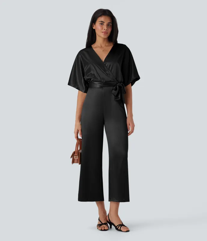 Halara Mono de oficina ancho con escote en V cruzado efecto satén, cremallera invisible y cinturón con bolsillos - Black - S sold by Halara