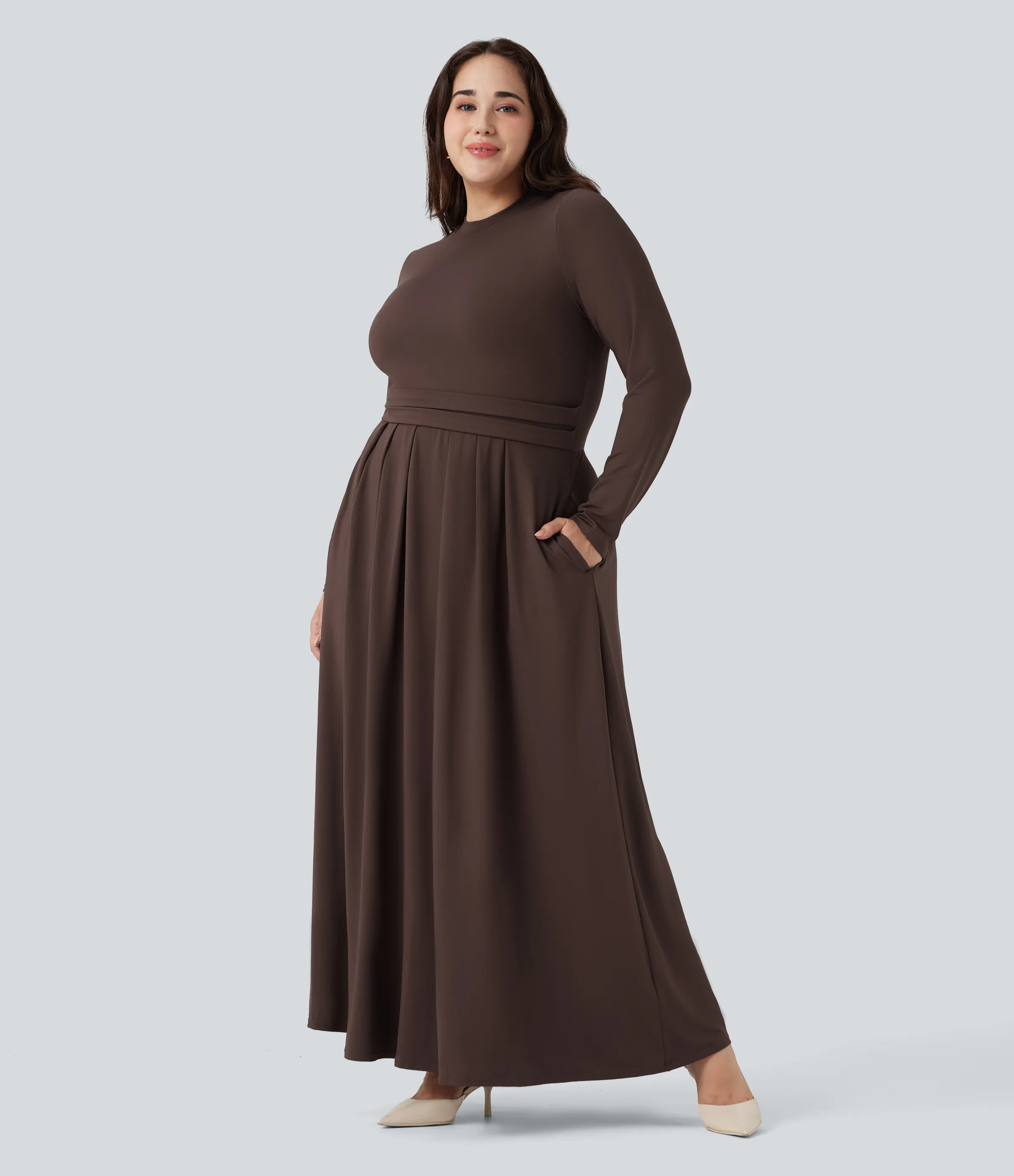 Halara Vestido maxi casual acampanado de manga larga con cuello alto y bolsillos en tallas grandes - Chestnut - 3X sold by Halara