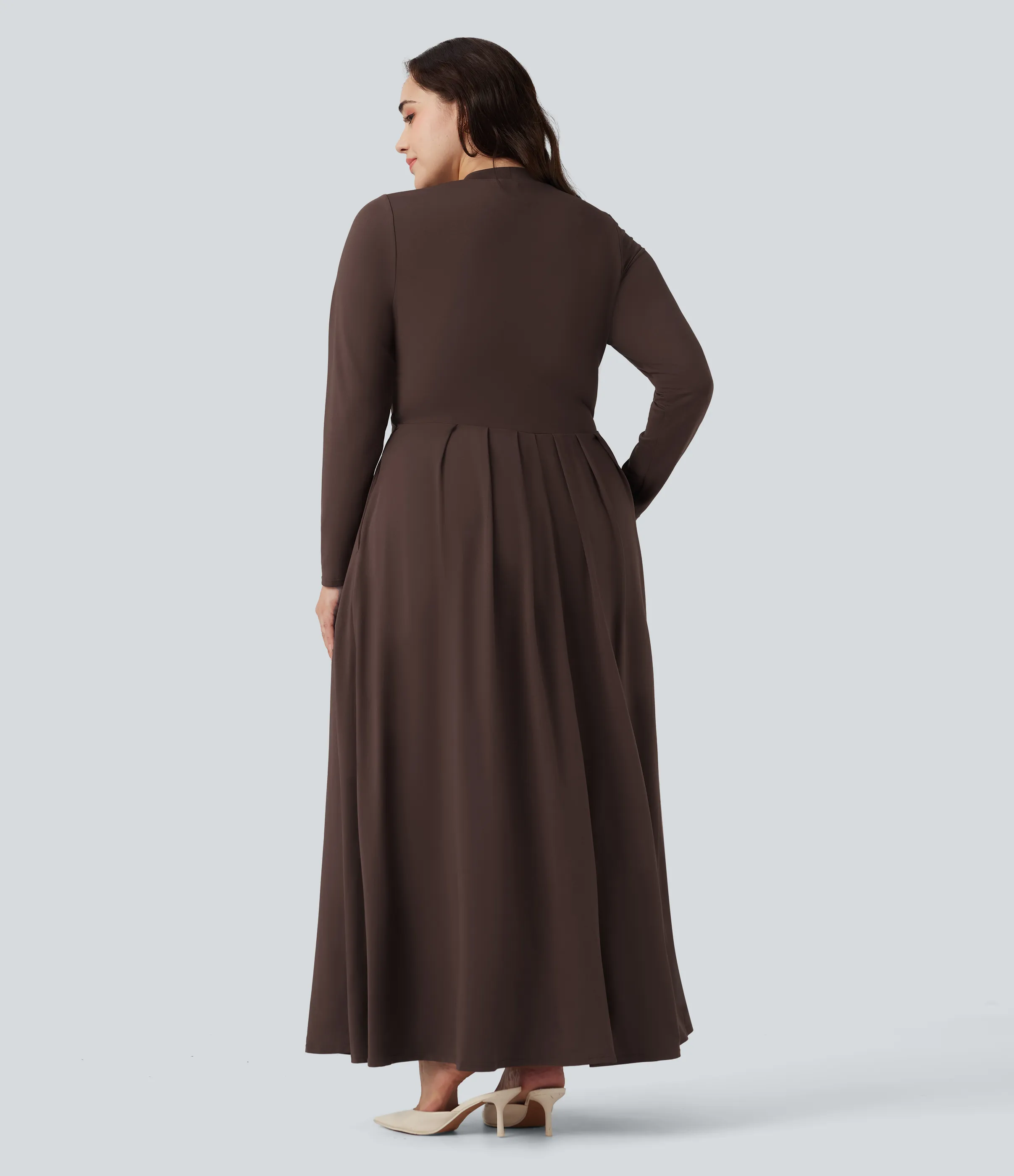 Halara Vestido maxi casual acampanado de manga larga con cuello alto y bolsillos en tallas grandes - Chestnut - 3X sold by Halara product image thumbnail 3