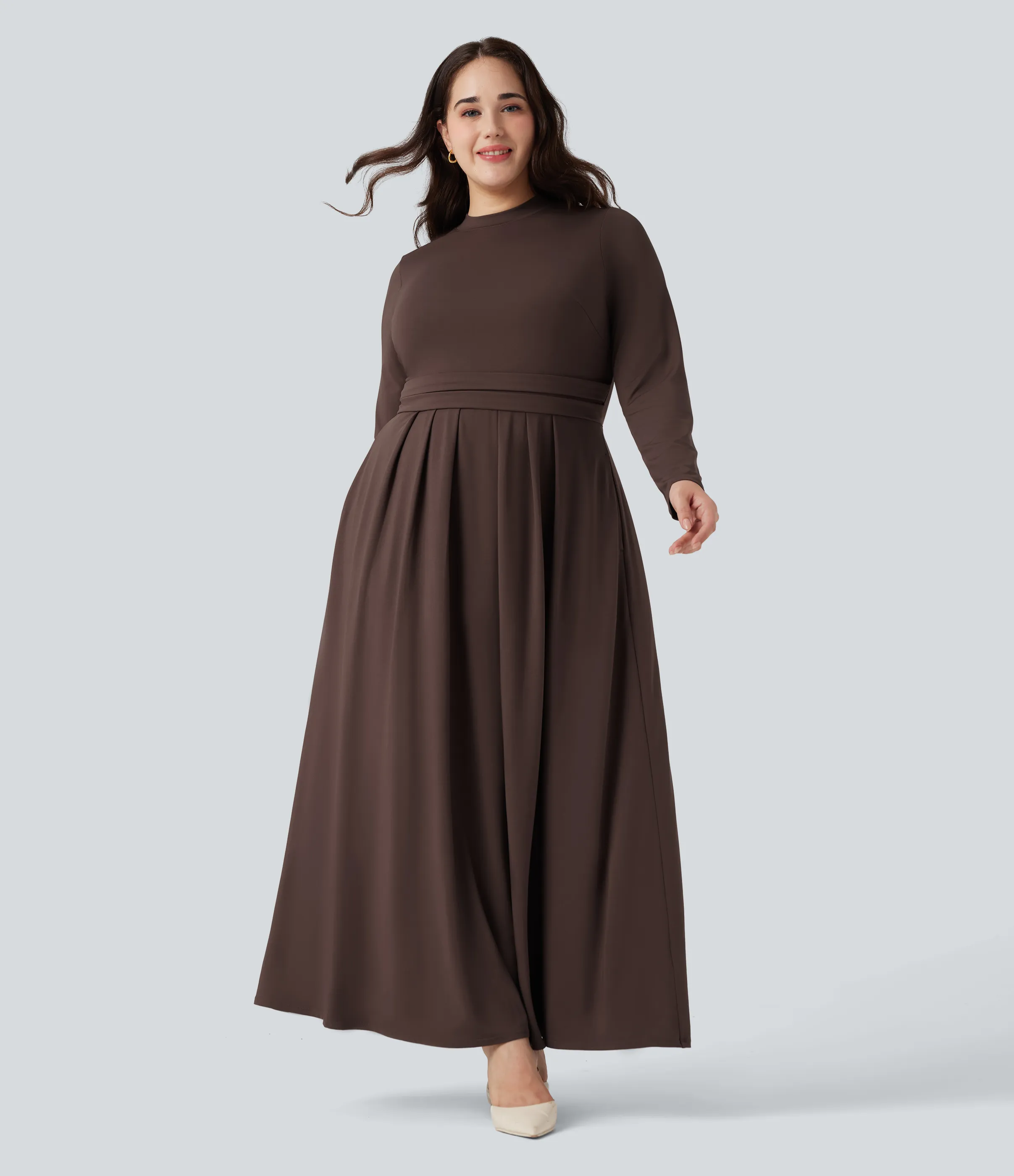 Halara Vestido maxi casual acampanado de manga larga con cuello alto y bolsillos en tallas grandes - Chestnut - 3X sold by Halara product image thumbnail 4