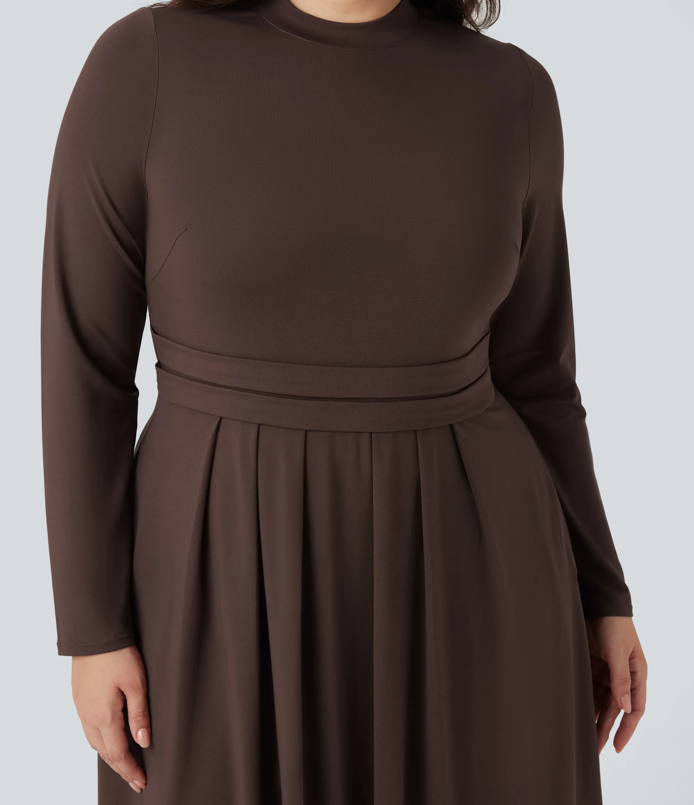 Halara Vestido maxi casual acampanado de manga larga con cuello alto y bolsillos en tallas grandes - Chestnut - 3X sold by Halara product image thumbnail 5