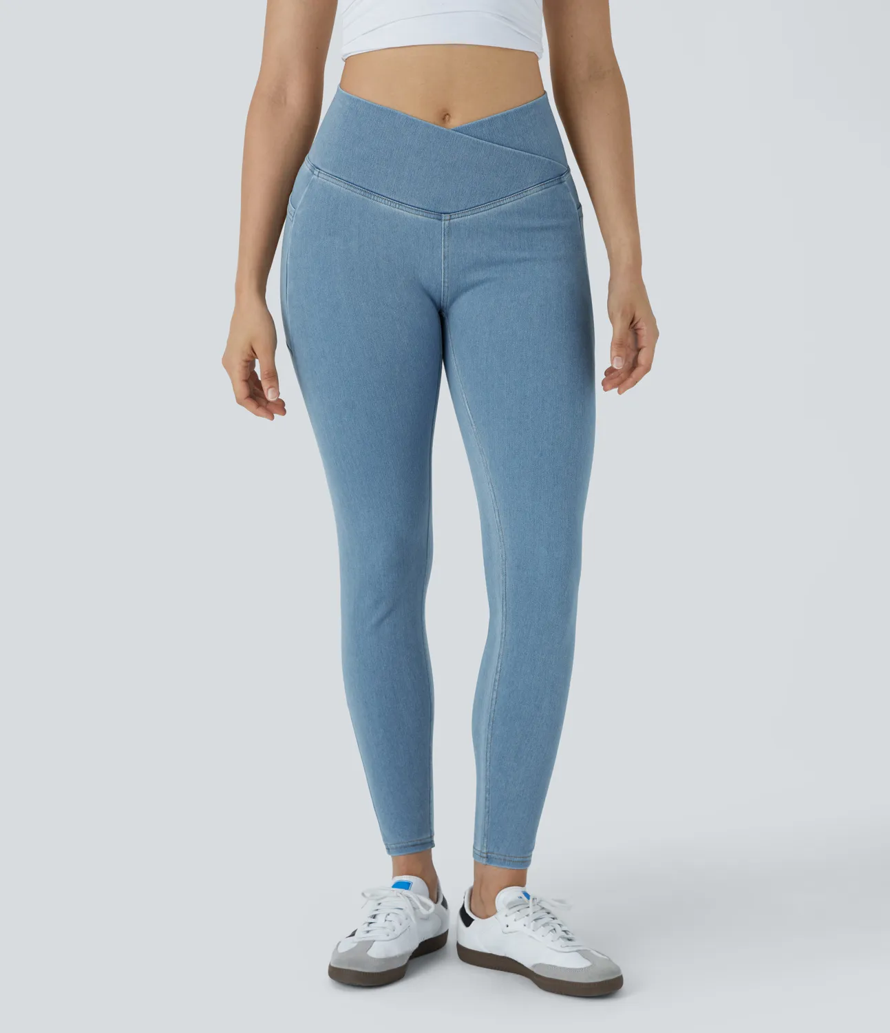 Halara Leggings Halara Flex™ Denim oficina mezclilla elástico lavado bolsillo lateral cruzado - Washed Denim Sunny Blue - XL(7/8) sold by Halara product image thumbnail 3