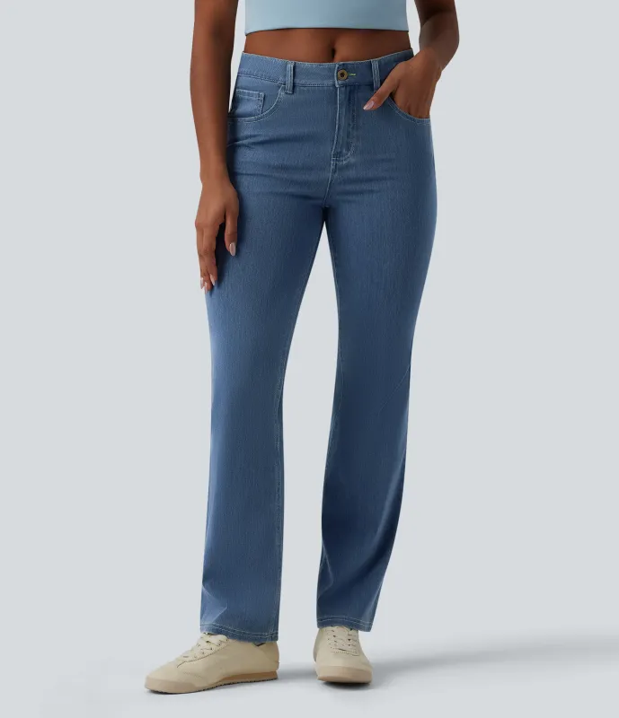 Halara Jeans Halara Flex™ Denim en corte de bota elásticos de tiro medio con botón y bolsillos - Denim Dark Blue - S(regular) sold by Halara