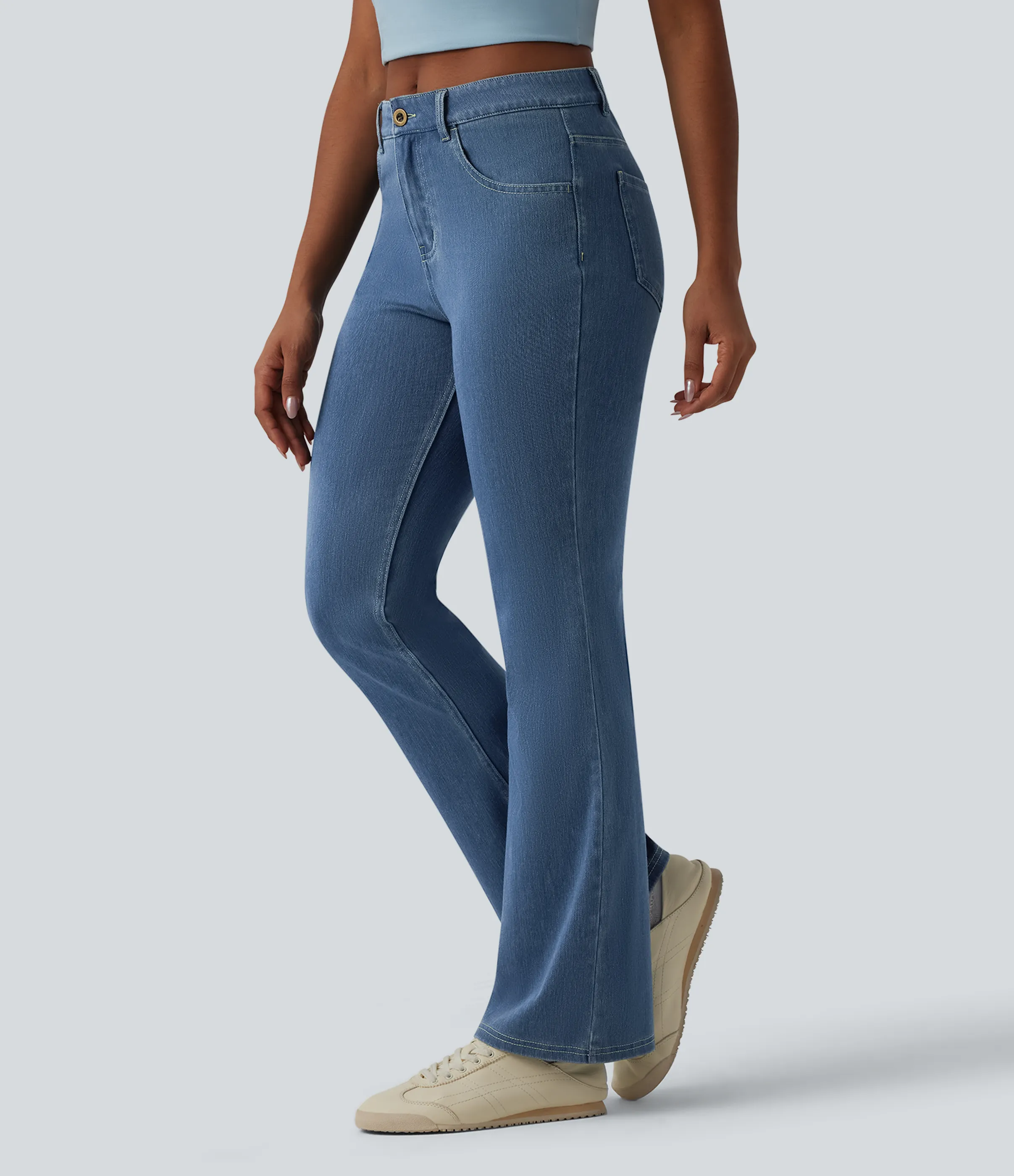 Halara Jeans Halara Flex™ Denim en corte de bota elásticos de tiro medio con botón y bolsillos - Denim Dark Blue - S(regular) sold by Halara product image thumbnail 4