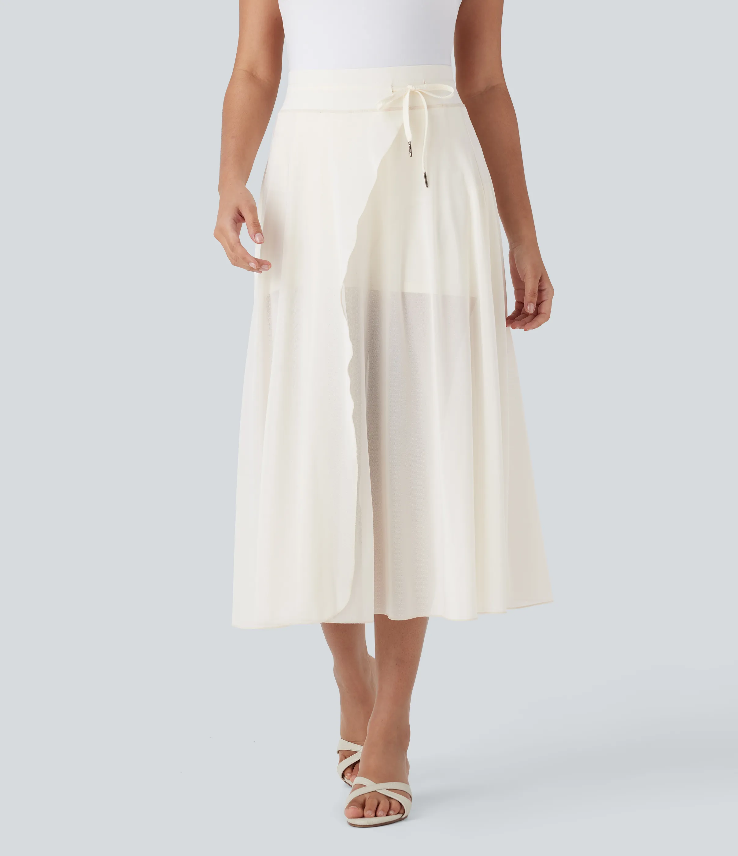 Halara Falda midi casual 2 en 1 acampanada con bolsillo lateral de tiro alto con cordón y malla en contraste - Cloud Dancer - M sold by Halara product image thumbnail 4