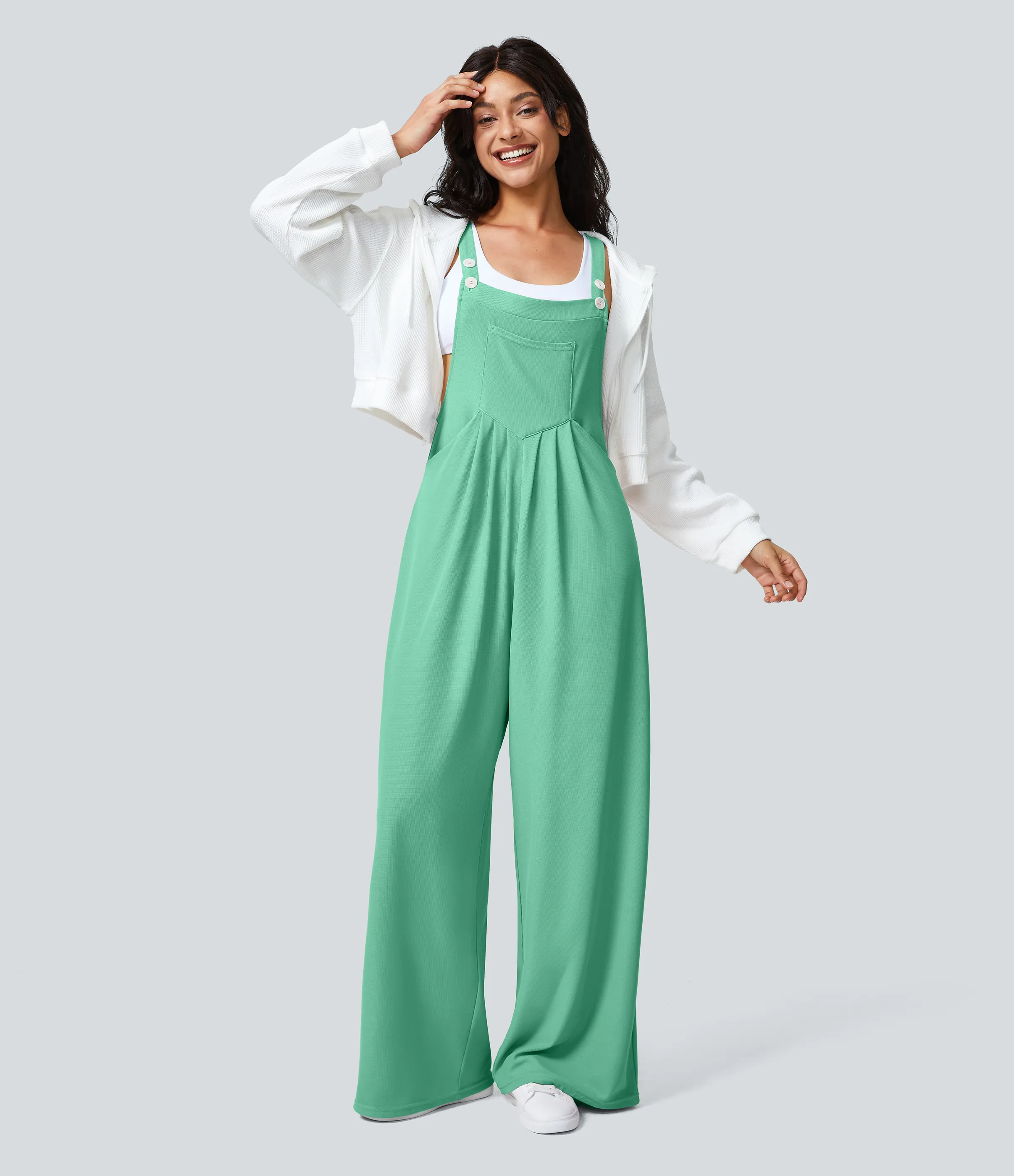 Halara Overol botón correa ajustable bolsillo múltiple gofre plisado - Light Sea Green - XS(regular) sold by Halara product image thumbnail 2