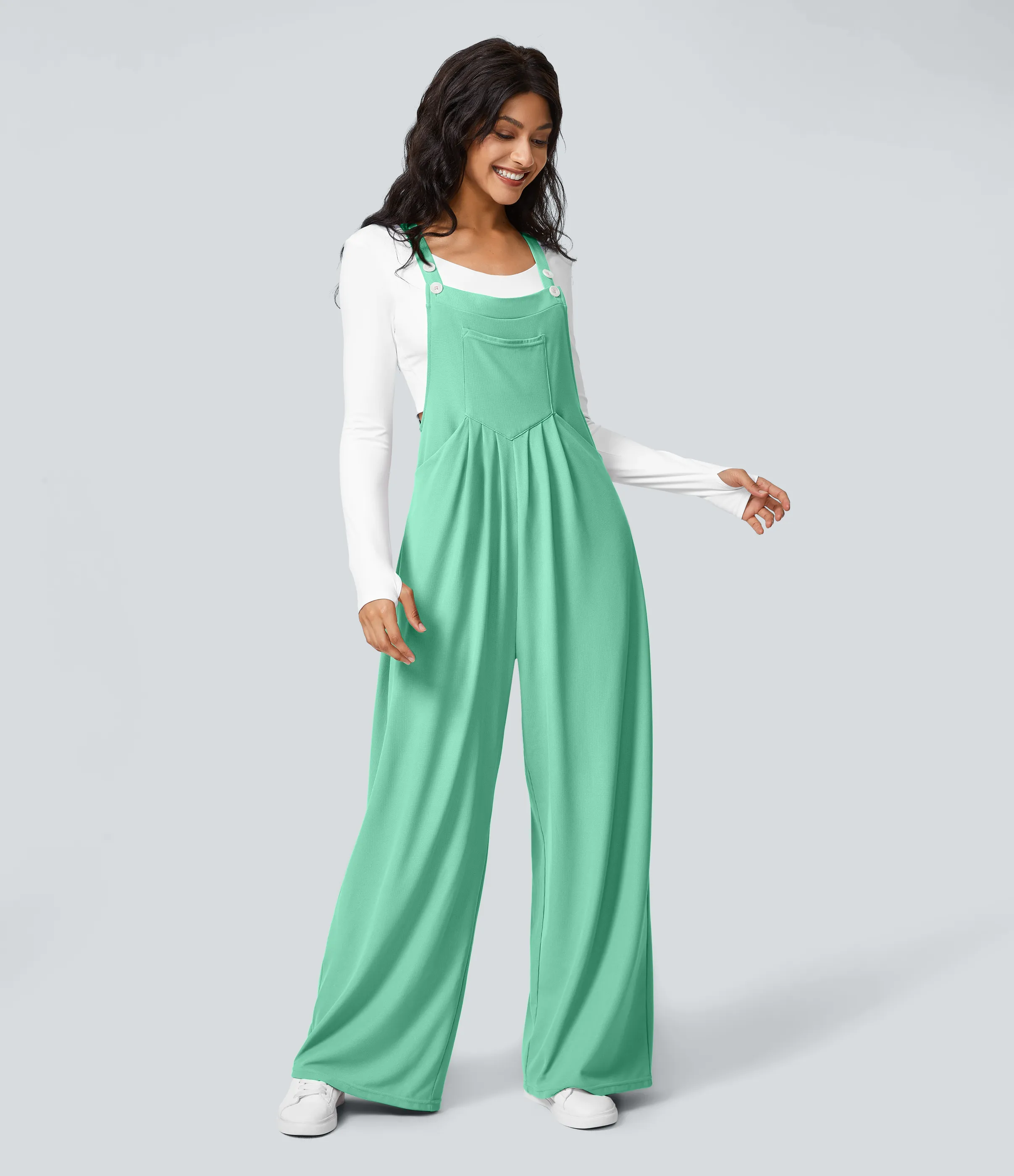 Halara Overol botón correa ajustable bolsillo múltiple gofre plisado - Light Sea Green - XS(regular) sold by Halara product image thumbnail 3