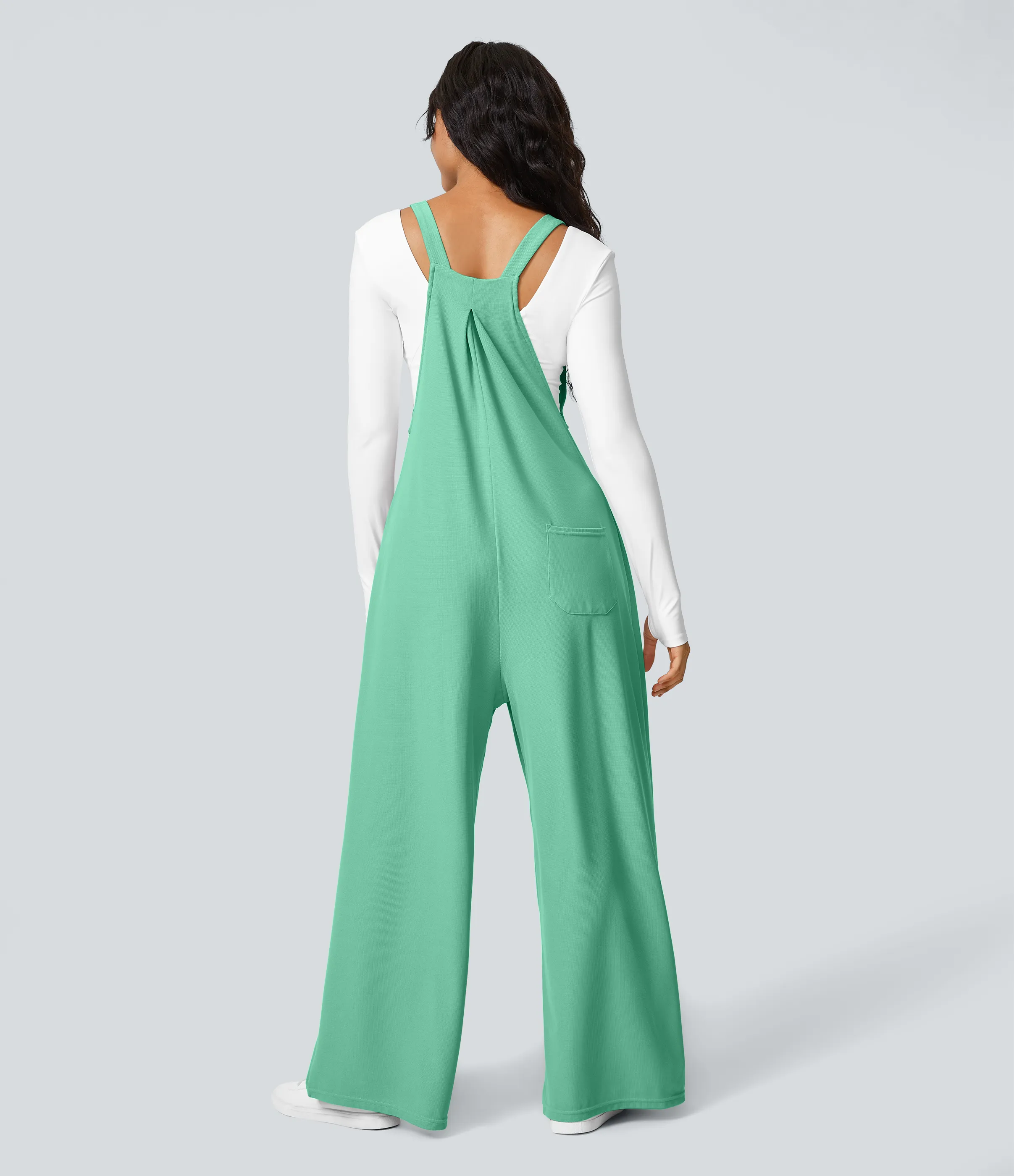 Halara Overol botón correa ajustable bolsillo múltiple gofre plisado - Light Sea Green - XS(regular) sold by Halara product image thumbnail 4